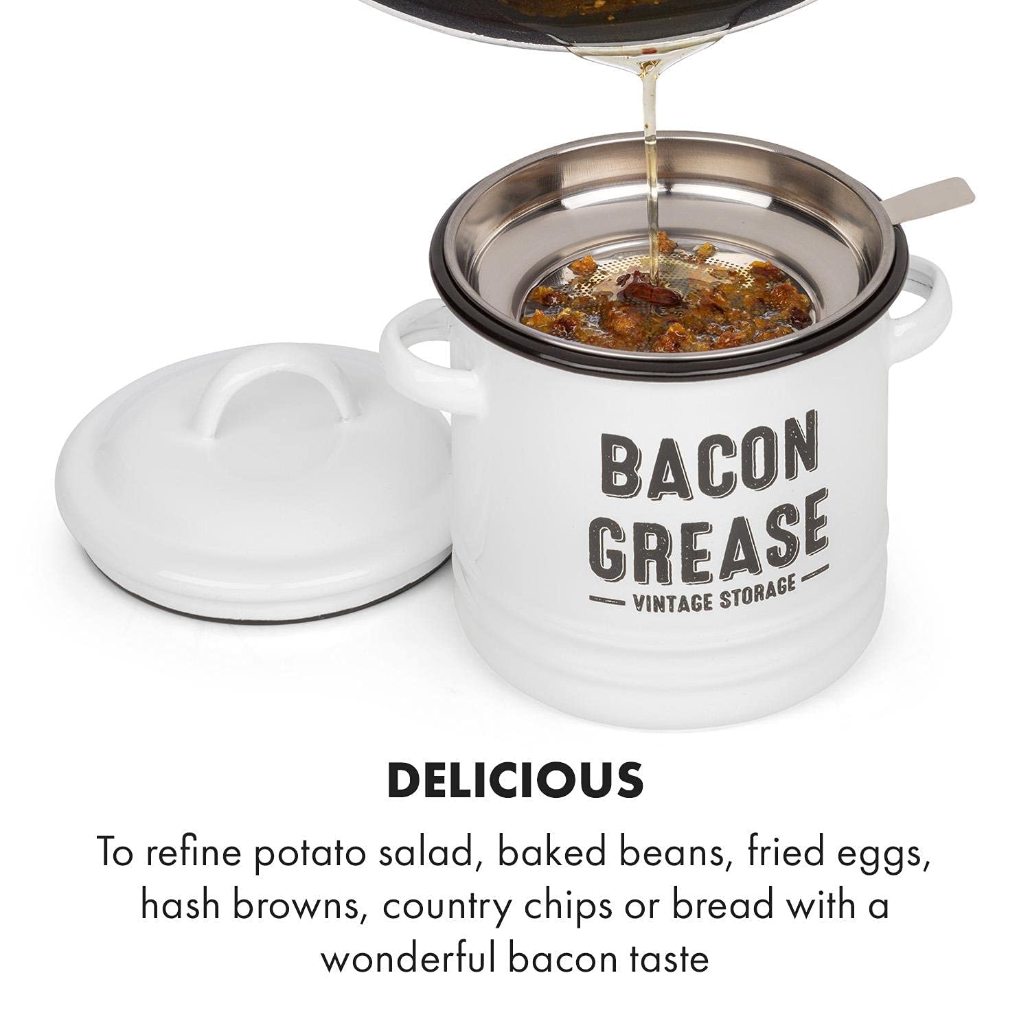 Granrosi Bacon Grease Container - 36OZ Stainless Steel with Strainer, Airtight Lid, White
