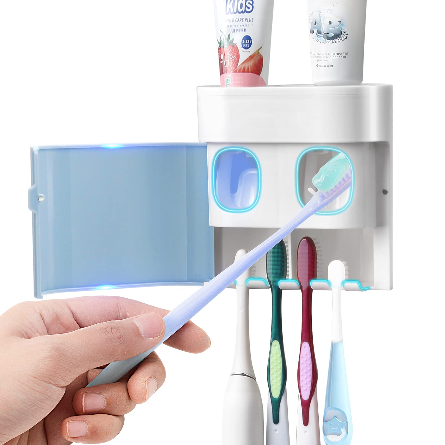 Gfware Toothbrush Holder Toothpaste Dispenser Wall Mounted Blue Cover Electric Tooth Brush Stand Set With 2 Toothpaste Squeezers