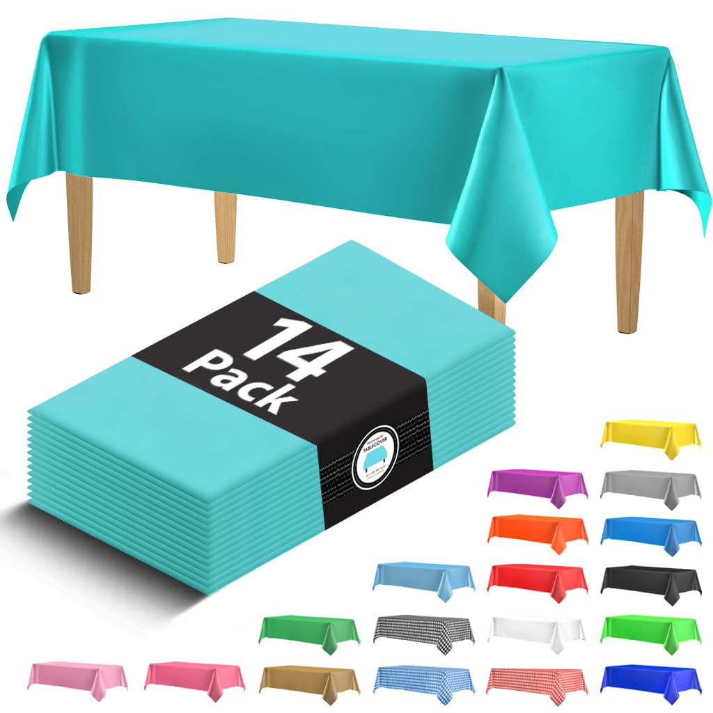 14 Pack Premium Turquoise Plastic Tablecloth - 54 X 108 In. Disposable Rectangle Plastic Table Cloth - Decorative Rectangle Tabl