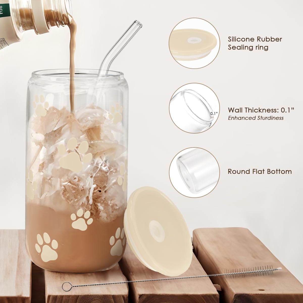 Paw Print 16oz Can Glass Tumbler with Acrylic Lid & Straw - Iced Coffee Cup for Women Cat Dog Mom, Aesthetic Cups Gifts for Birt