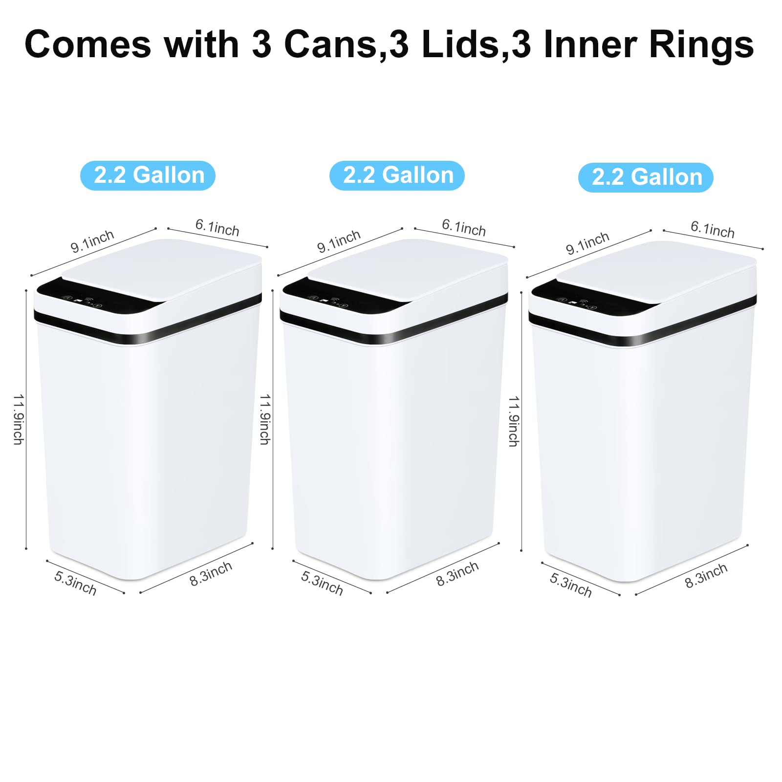 Bathroom Automatic Trash Can 3 Pack 2.2 Gallon Motion Sensor Touchless Small Slim Garbage Can With Lid Smart Electric Narrow Gar