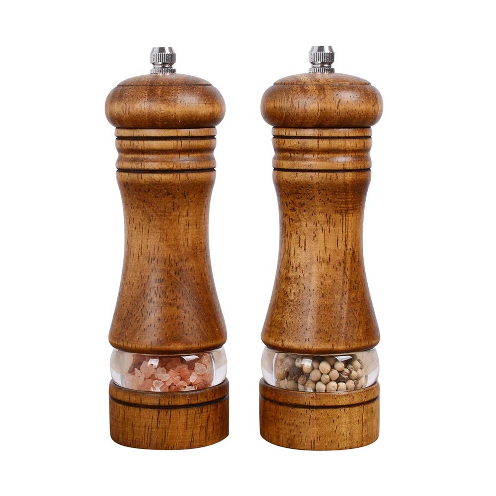 Haomacro Wood Salt And Pepper Grinder Set, Manual Mills With Acrylic Window, Adjustable Ceramic Grinding - 6.5Inch, 2 Pack