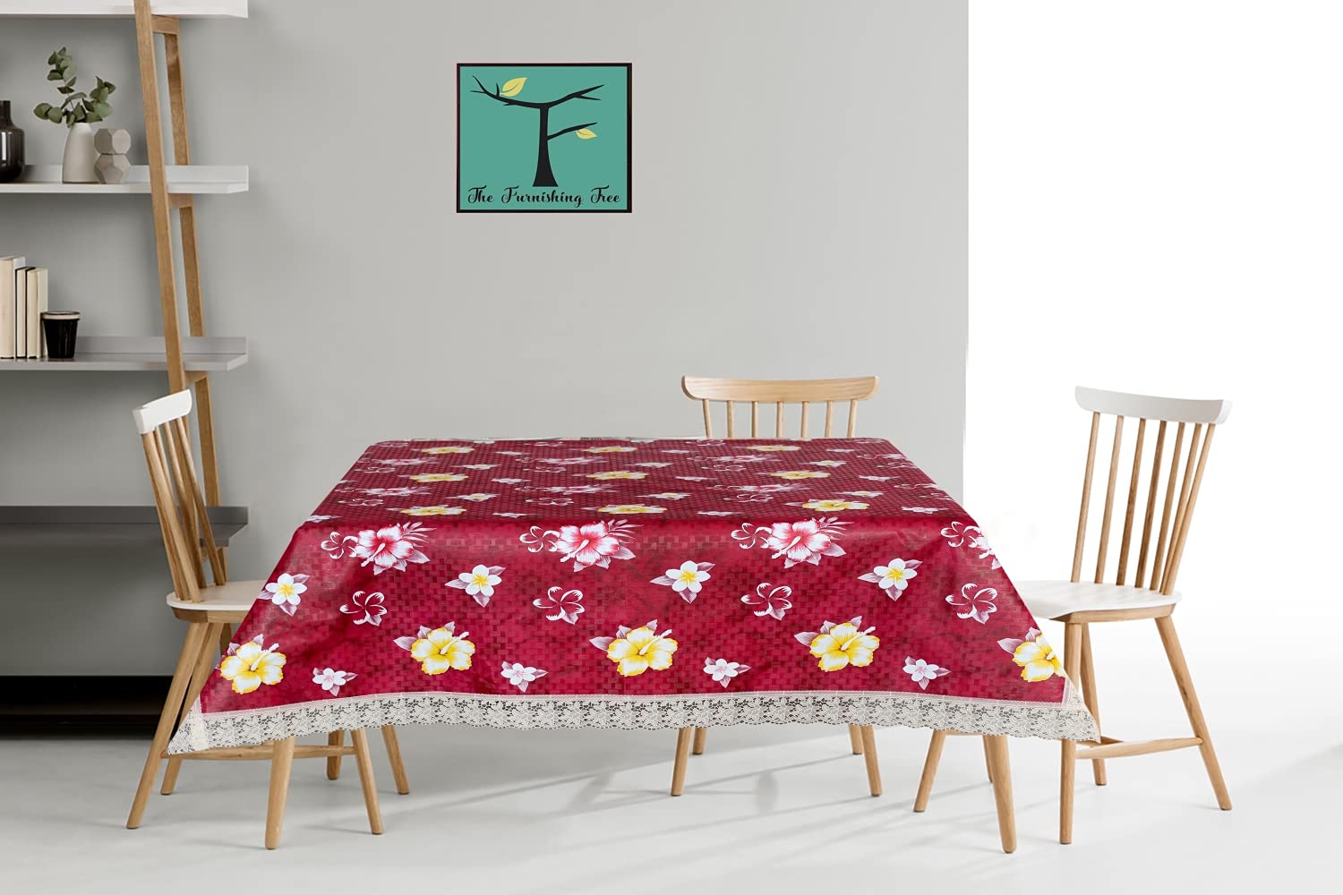 The Furnishing Tree Square Shaped WxL 40x40 Inch Center Table Cover Floral Pattern Red, Waterproof PVC
