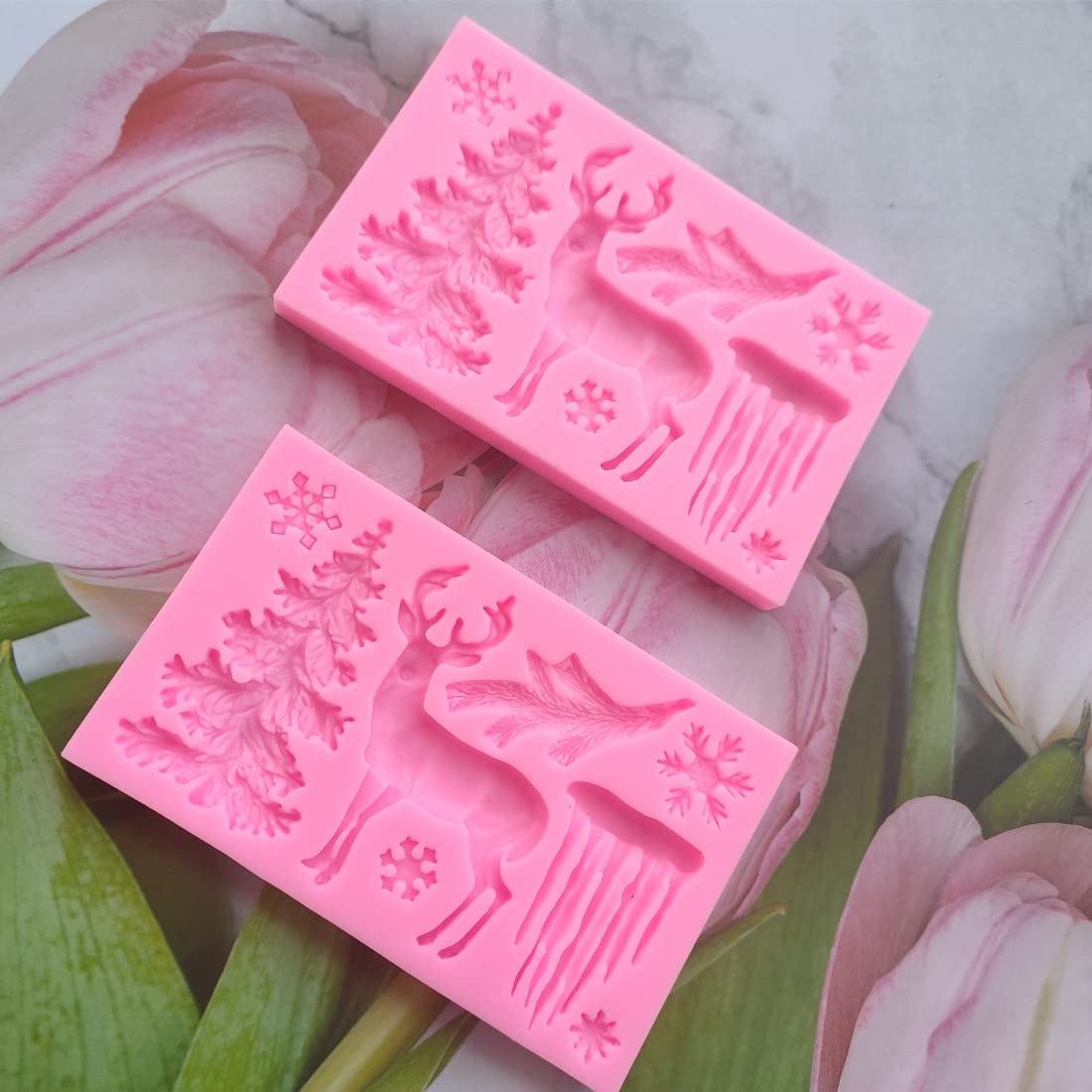 2 Pack Christmas Deer Fondant Silicone Mold, Animal Elk Snowflake Tree Deer Resin Fondant Silicone Mold For Diy Cookie Cake Choc