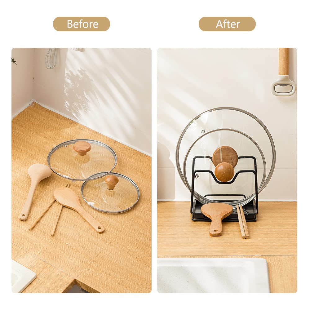Poeland Pot Lid Holder, 2 Layers Pot Lid Organizer Multifunctional Lid And Spoon Rest Rack With Drip Tray For Pot Lids, Spatulas