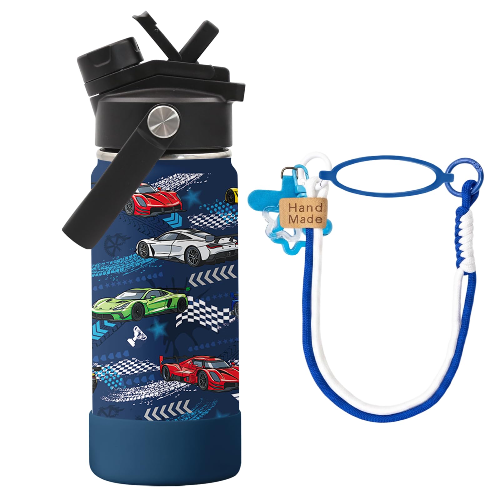 Roneenz Racing Car Gifts for Boys  16 oz Water Bottle with Cute Lanyard