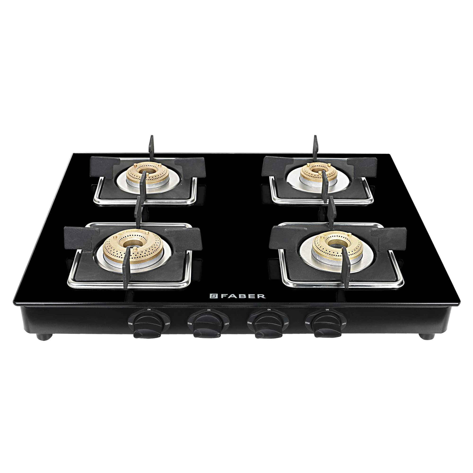 Faber Glass Top 4 Burner Gas Stove (Hob Cooktop Pearl 4Bb Bk) With Jumbo Burner, Diamond Coated Pan Support, Manual Ignition, Bl