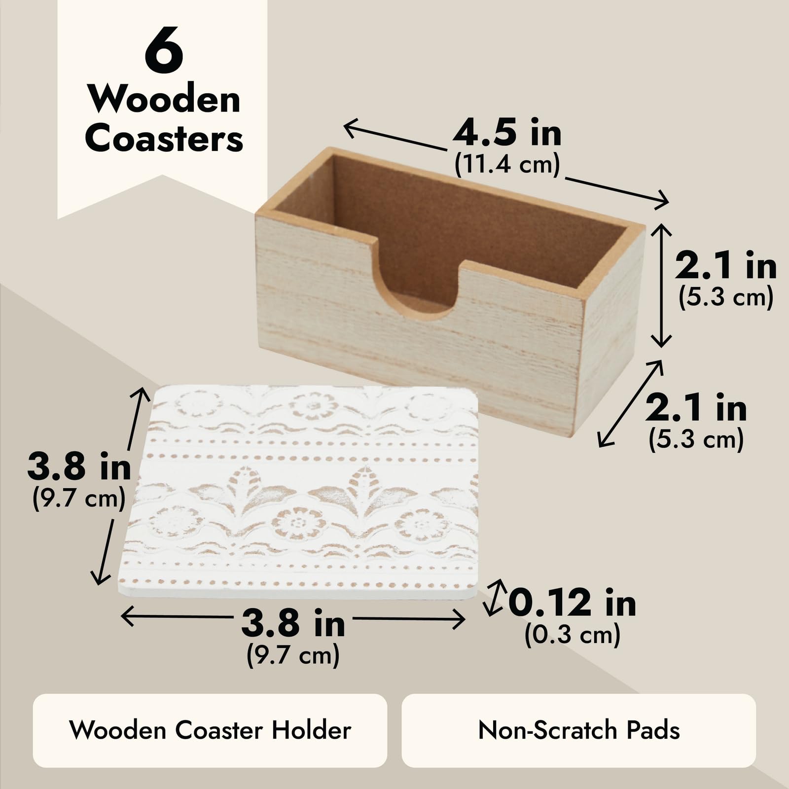Set of 6 White Wooden Coasters with Holder for Drinks  Coffee Table  and Floral Farmhouse Decor (3.8 Inches)