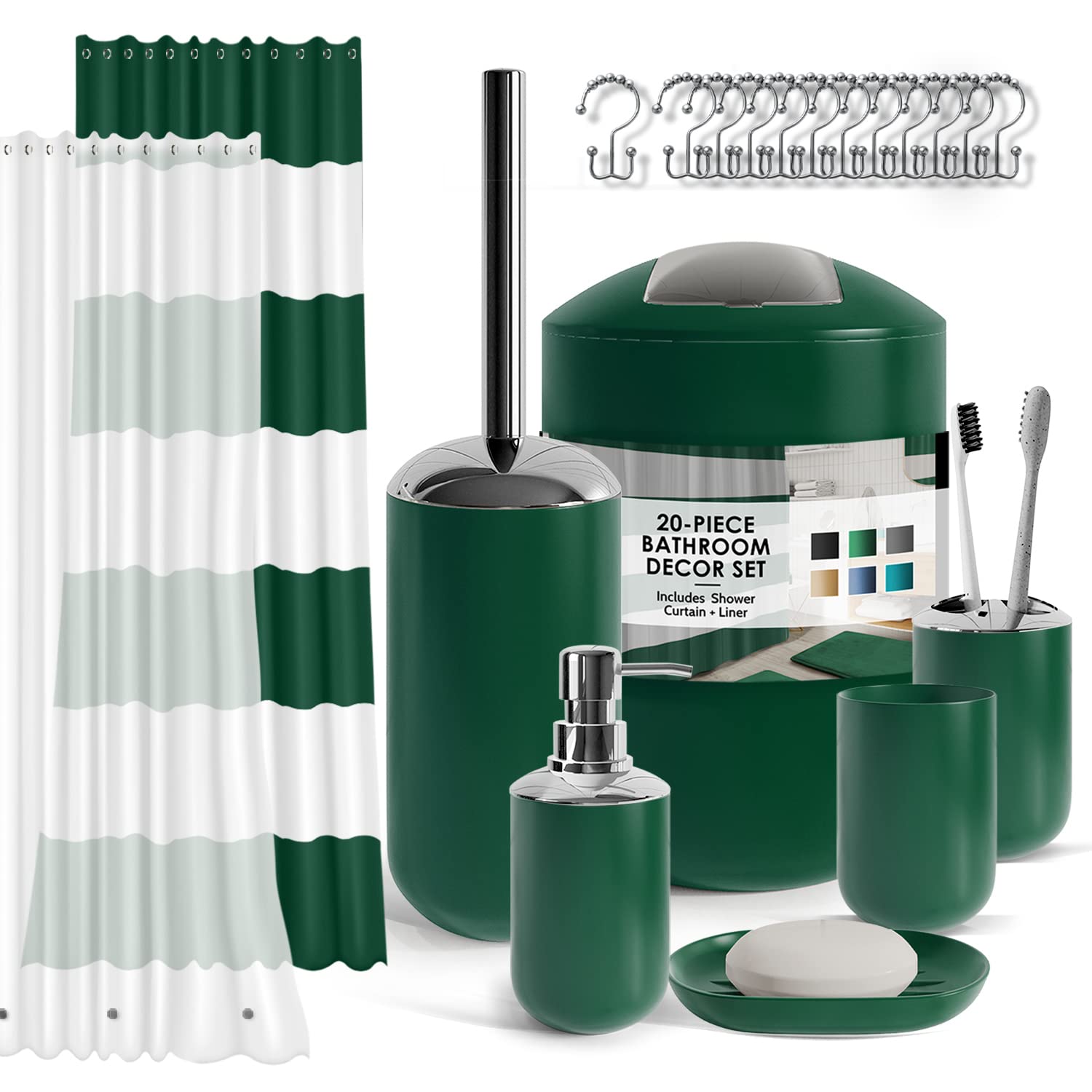 Clara Clark Bathroom Set - Green Bathroom Accessories Set, 20Pc Bathroom Accessory Set, Shower Curtain Set With Liner, Toothbrus