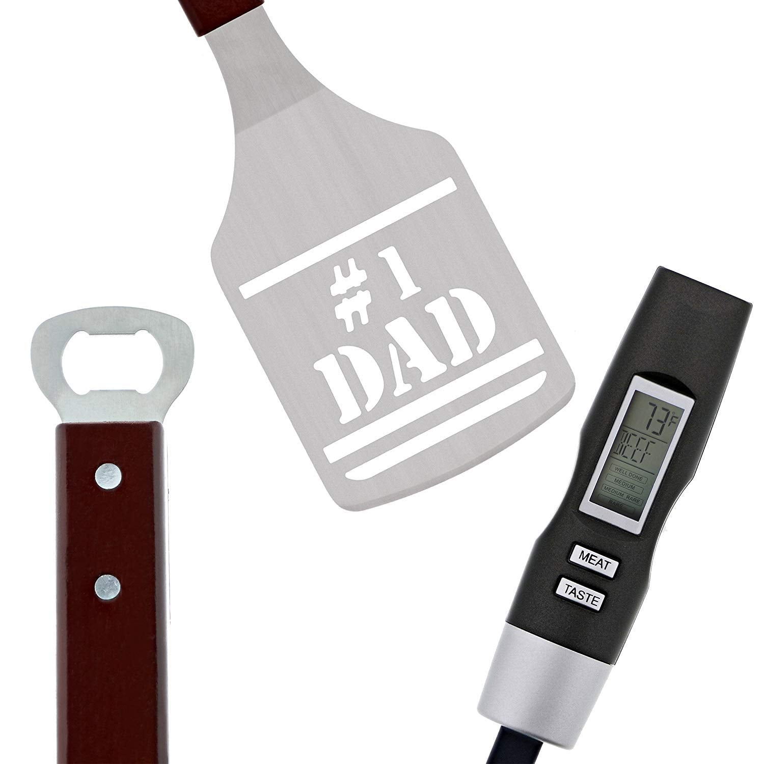 Panoware BBQ Grill Tools Set Gift for Dad  4 Piece Set  Number 1 Dad Tongs  Spatula  Digital Thermometer and Case