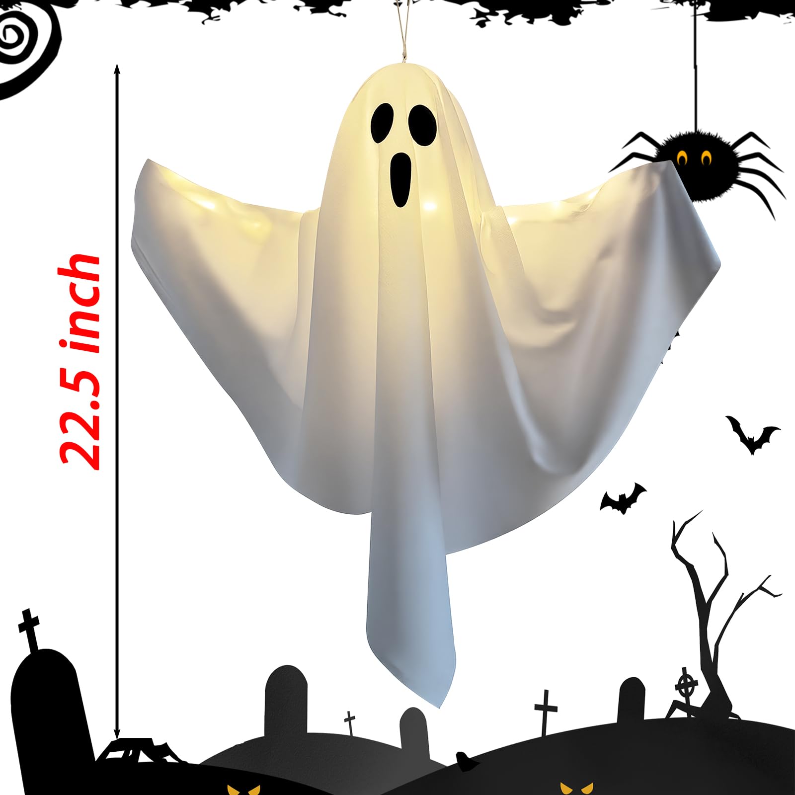 Halloween Light-up Ghost Decorations, White Hanging Flying Ghosts for Front Yard, Patio, Lawn, Garden, Party, 22.5 Inch, 3 Pack