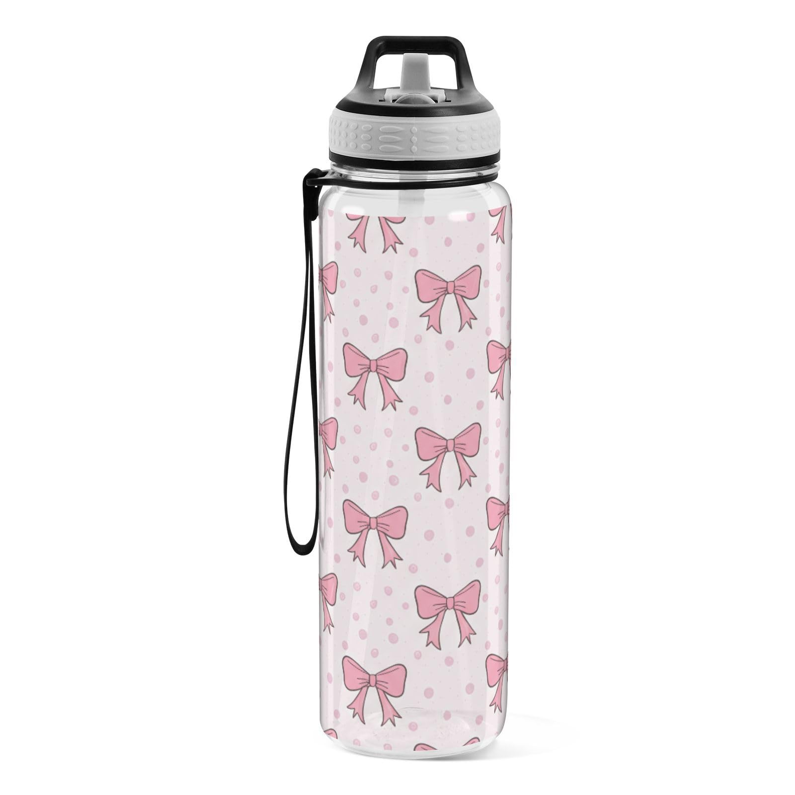 Eraedgza Pink Bows Clear Water Bottle 32 oz BPAFree Tritan Drinking Water Bottle with Straw and Strap for Sports Gym Hiking Sch