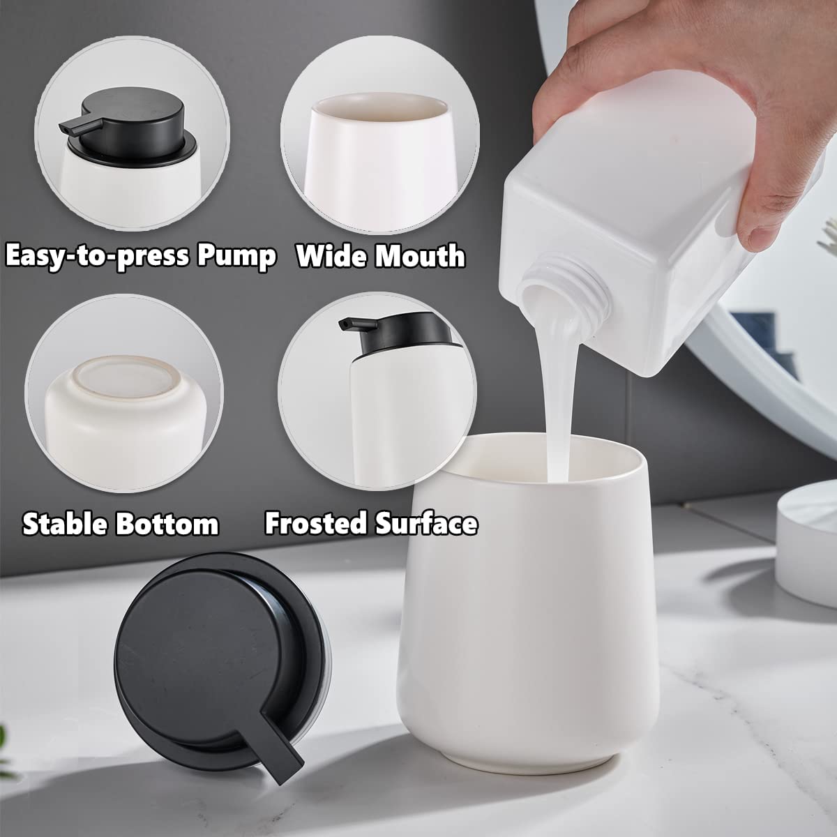 12Oz White Soap Dispenser - Ceramic Lotion Hand Soap Dispenser With Easy-To-Press Pump, Refillable Liquid Hand Soap Dispenser Fo