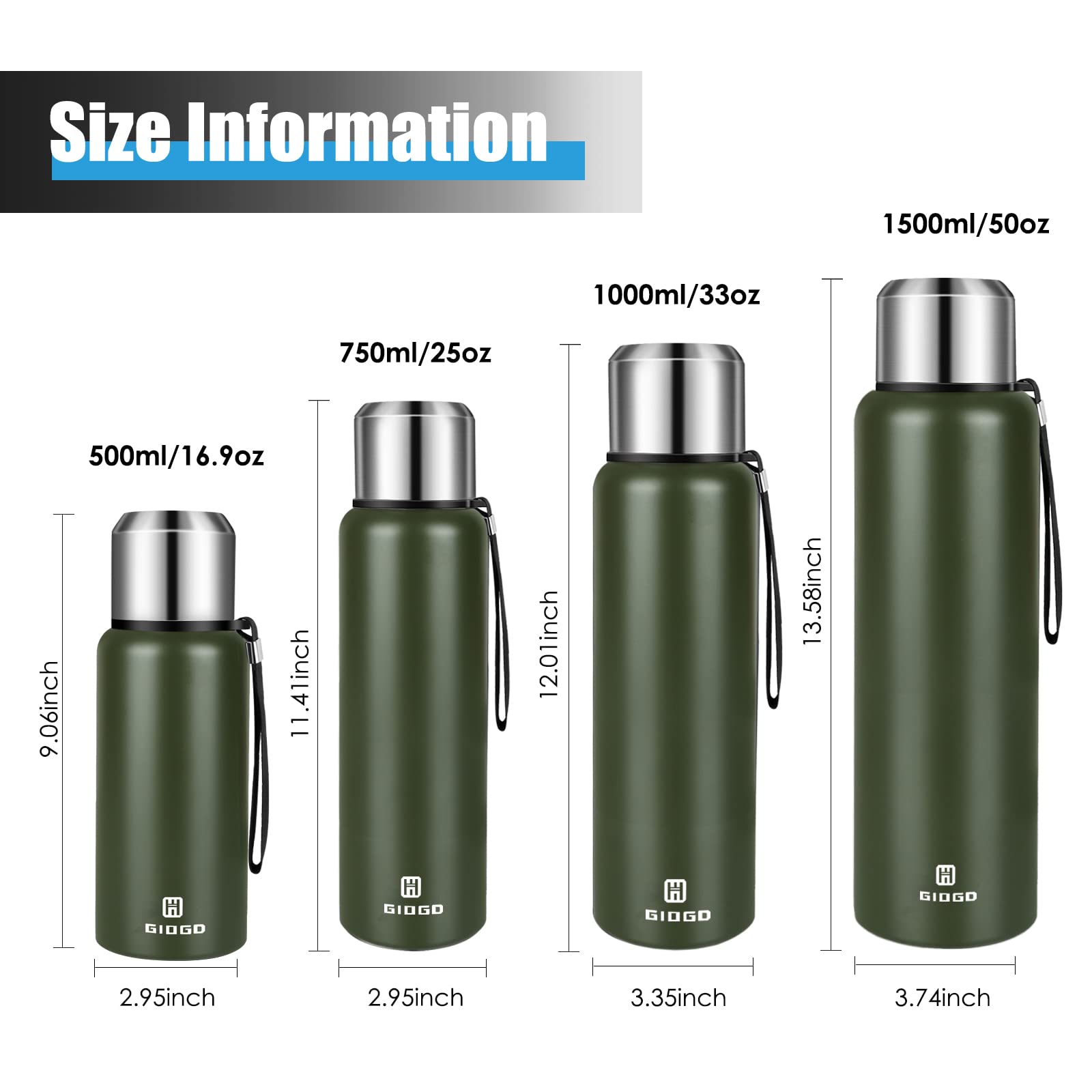 Insulated Vacuum Thermo Bottle 33Oz With Cup Lid Leakproof Stainless Water Flask For Coffee Hot And Cold Drink.(Green,1000Ml)