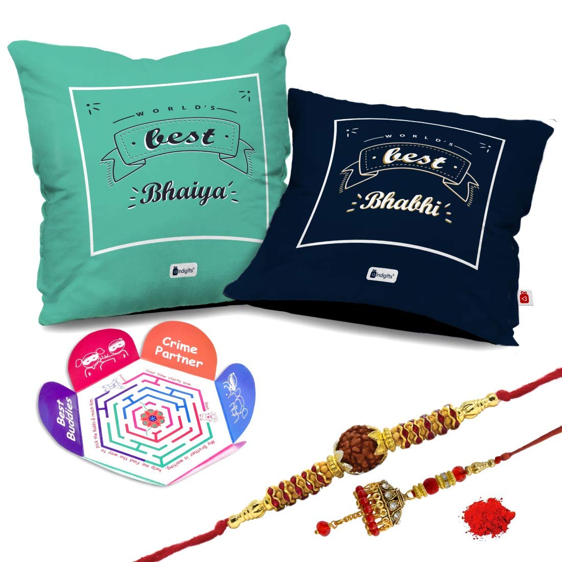 Indigifts Worlds Best Bhaiya and Bhabhi Satin Printed Cushion Cover with Filler 12x12, Rudraksha Rakhi and Lumba Set, Rakhi for 