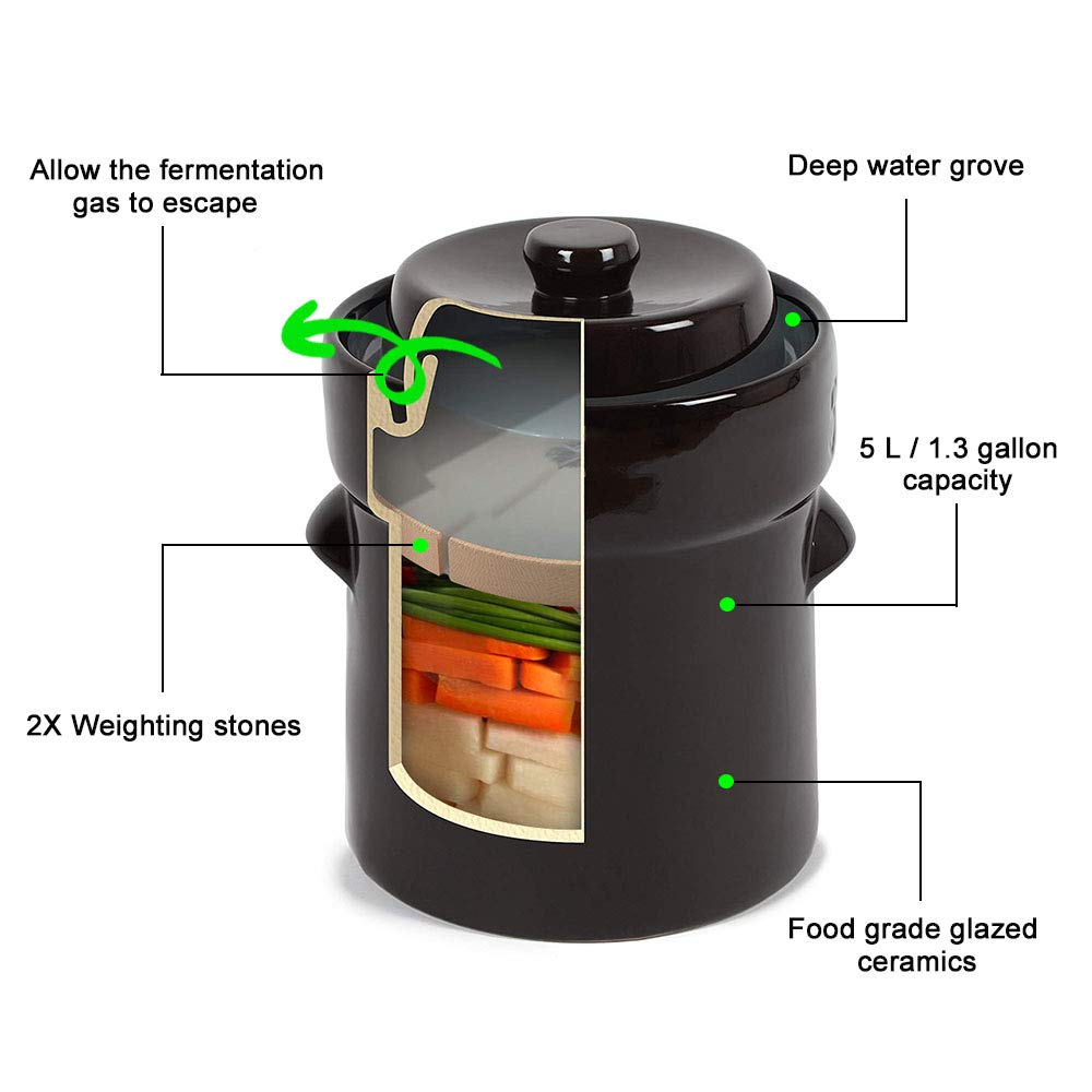 Seeutek Fermentation Crock Jar 5 Liter / 1.3 Gallon - Stoneware Pot For Fermenting, Pickling Kimchi, Pickles, Vegetables, Kombuc