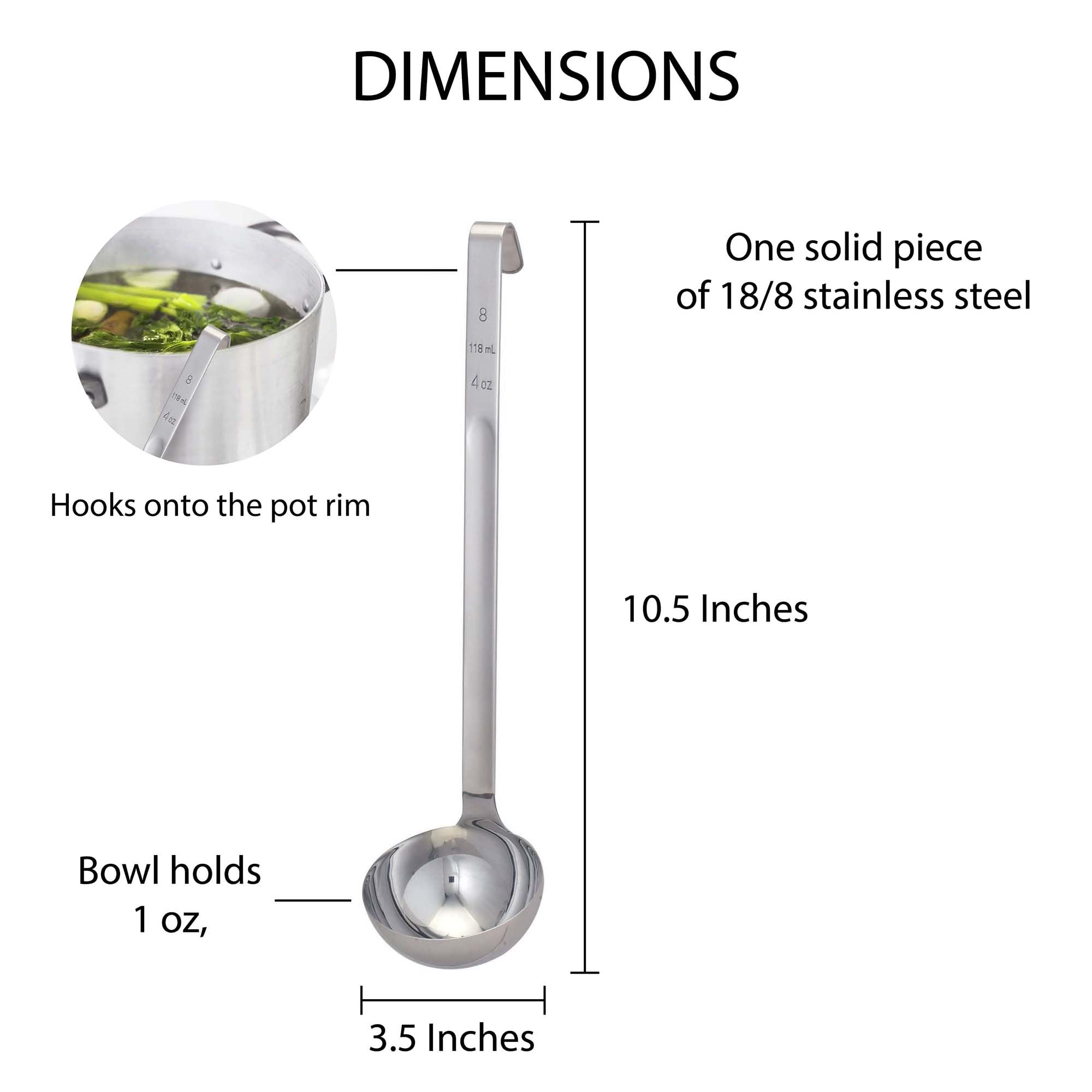 Hic Single-Piece Kitchen And Soup Ladle, 18/8 Stainless Steel, 10.75-Inch, 1-Ounce Capacity