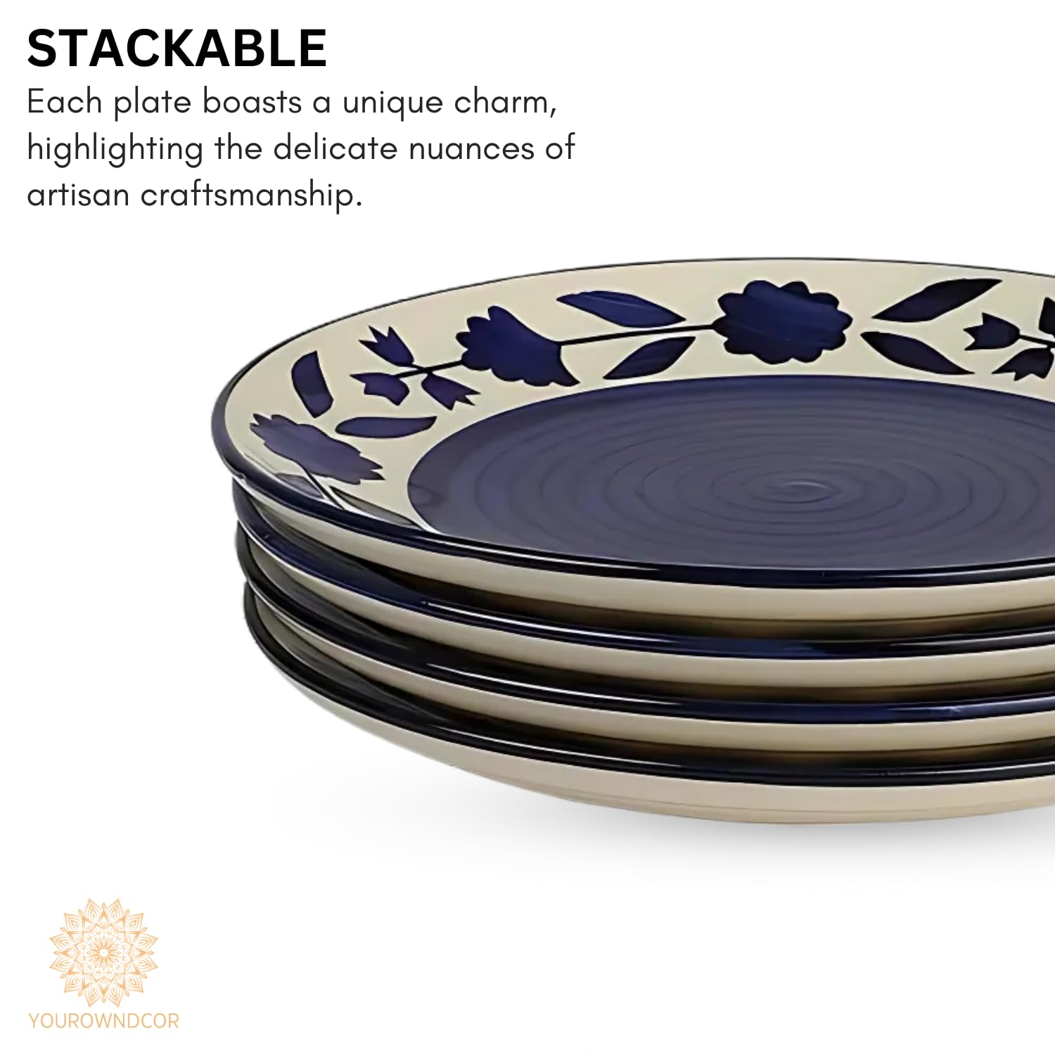 Yourowndcor Handcrafted Ceramic Blue Floral 12 Pieces Dinner Set - 6 Full Plate 10 inch, 6 Serving Bowls 4 inch| Microwave Safe,