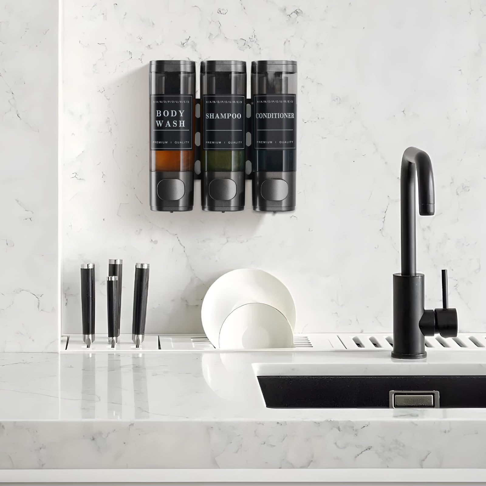 Shampoo And Conditioner Dispenser,Unisense Shower Soap Dispenser 3 Chamber No Drill Wall-Mounted Shampoo Dispenser For Shower Wa