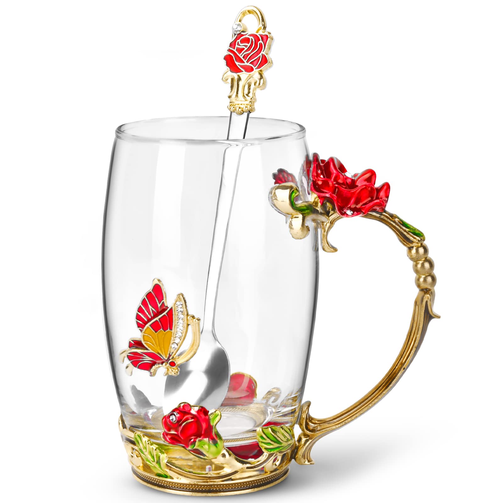 Oeago Gifts For Women Mom Mothers Valentines Day Tea Cup Best Birthday Butterfly Rose Gifts For Her From Daughter Son Glass Coff