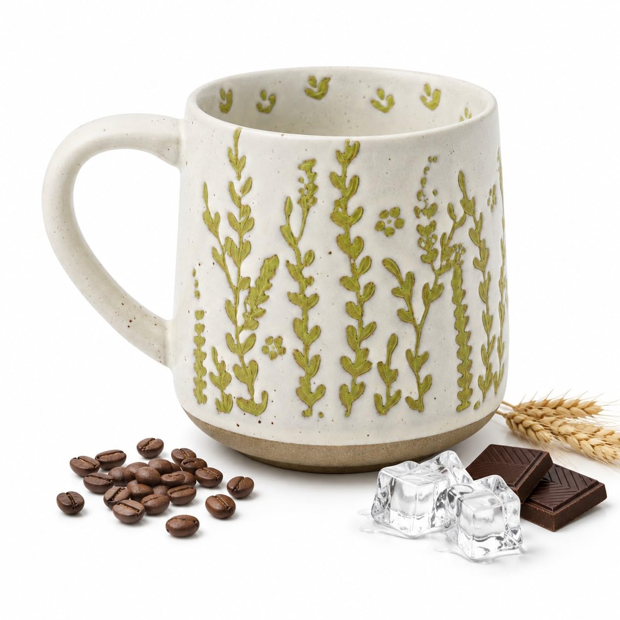 Akaguies 18 Oz Ceramic Mug,Embossed Plant Design for Coffee & Tea.