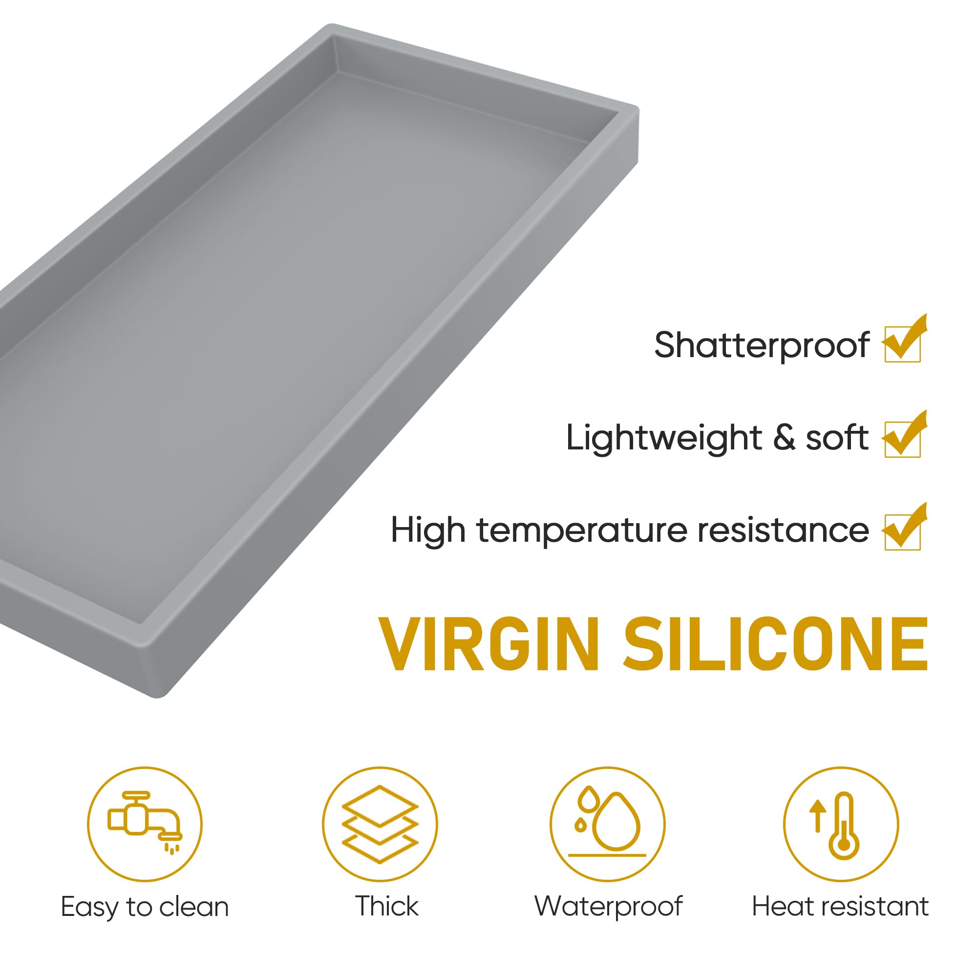 Eg-Sipro Bathroom Counter Tray, Silicone, Rectangular, Gray, Thick, Shatterproof, Soap Dispenser Tray, 10.6'X5.1' Or 7.8'X3.9'