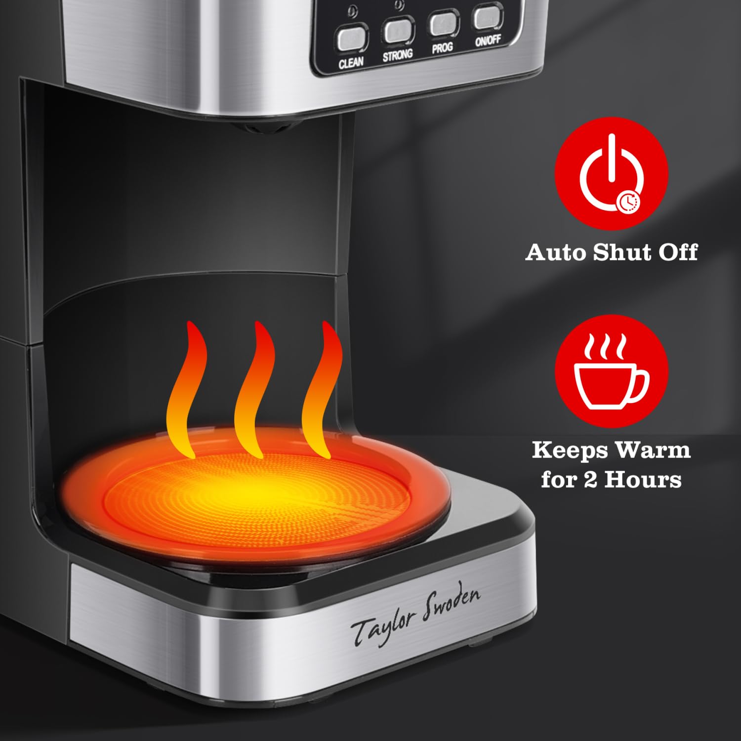 Taylor Swoden 12-Cup Programmable Coffee Maker, Regular & Strong Brew Drip Coffee Machine For Home And Office, Glass Carafe, Pau