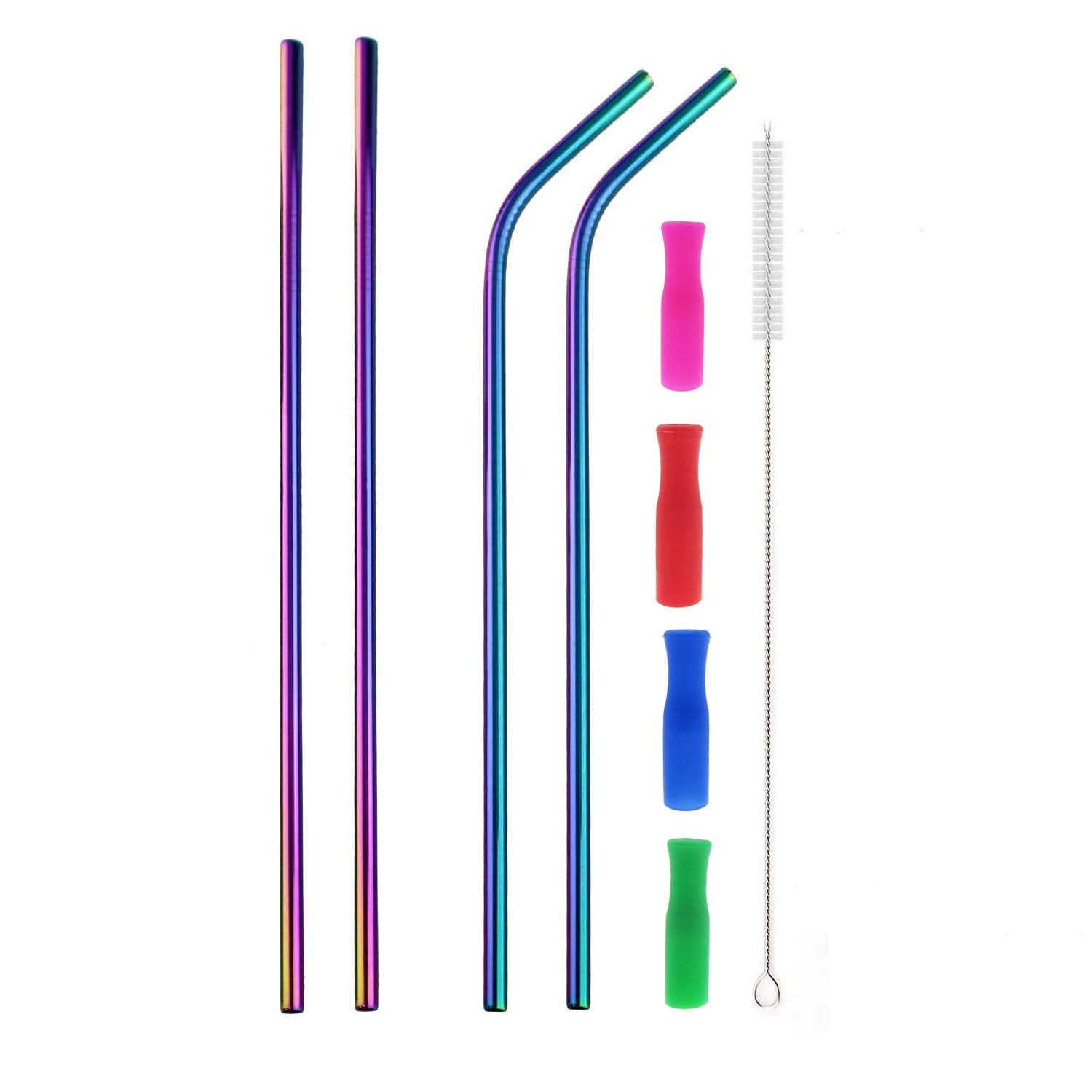 Colorful Stainless Steel Straws, 4Pcs Ultra Long 12'' Reusable Rainbow Color Drinking Straws With Silicone Tips And Cleaning Bru