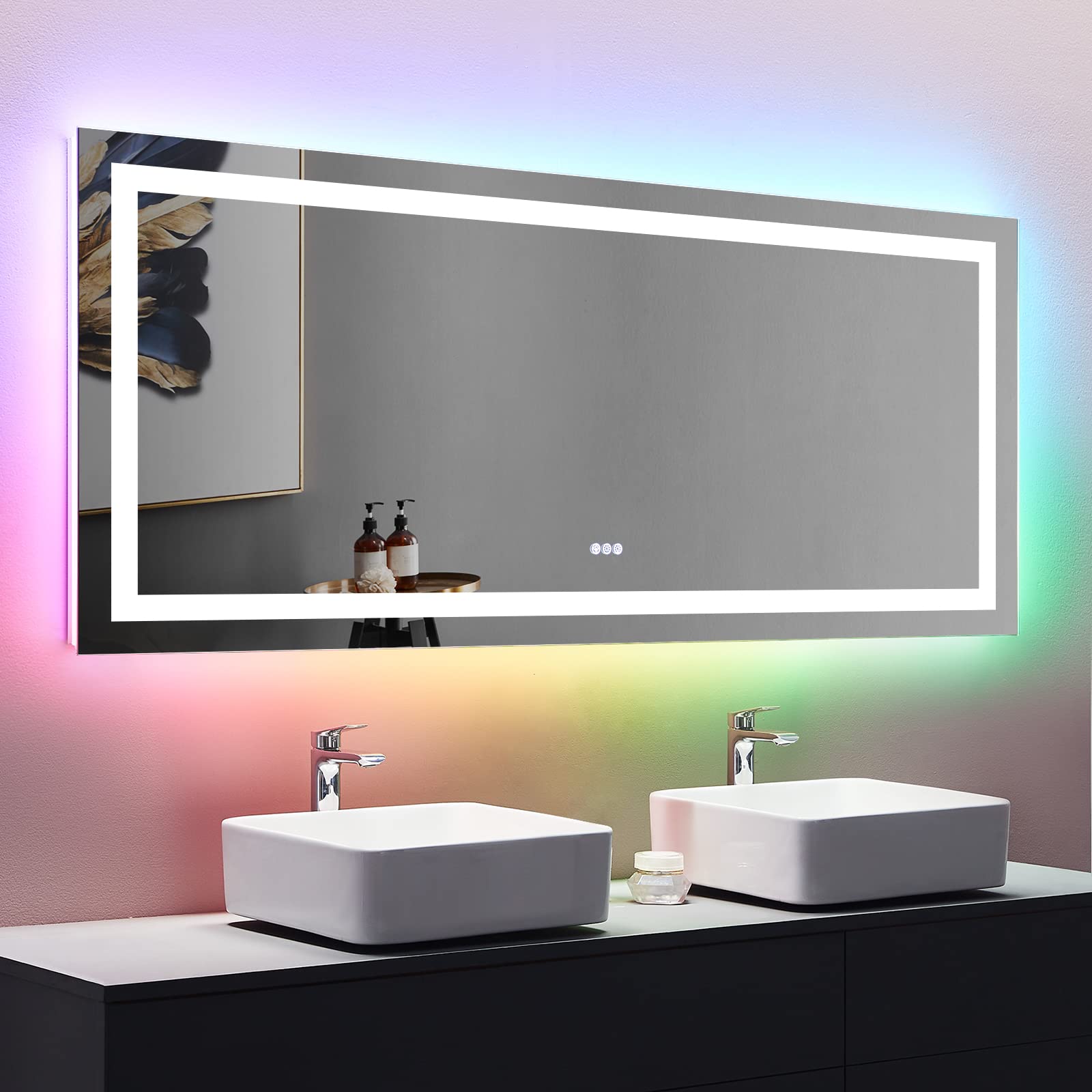 Loaao 72X32 Inch Rgb Led Bathroom Mirror With Lights, Anti-Fog, Dimmable Lighted Bathroom Vanity Mirror, Colorful Multiple Light