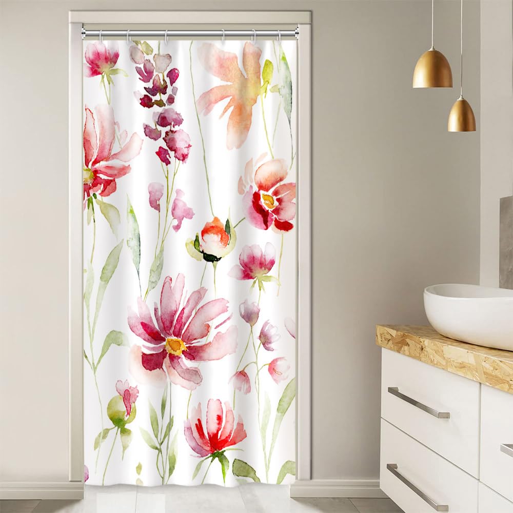 Ruelvth Stall Shower Curtain, Watercolor Red And Green Floral Shower Curtain For Bathroom Waterproof Fabric Spring Rv Shower Cur