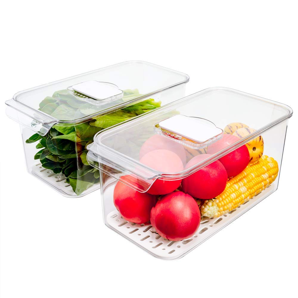 Slideep Refrigerator Food Storage Containers, Lettuce Keeper Large Produce Saver Stackable Container With Lids & Removable Drain