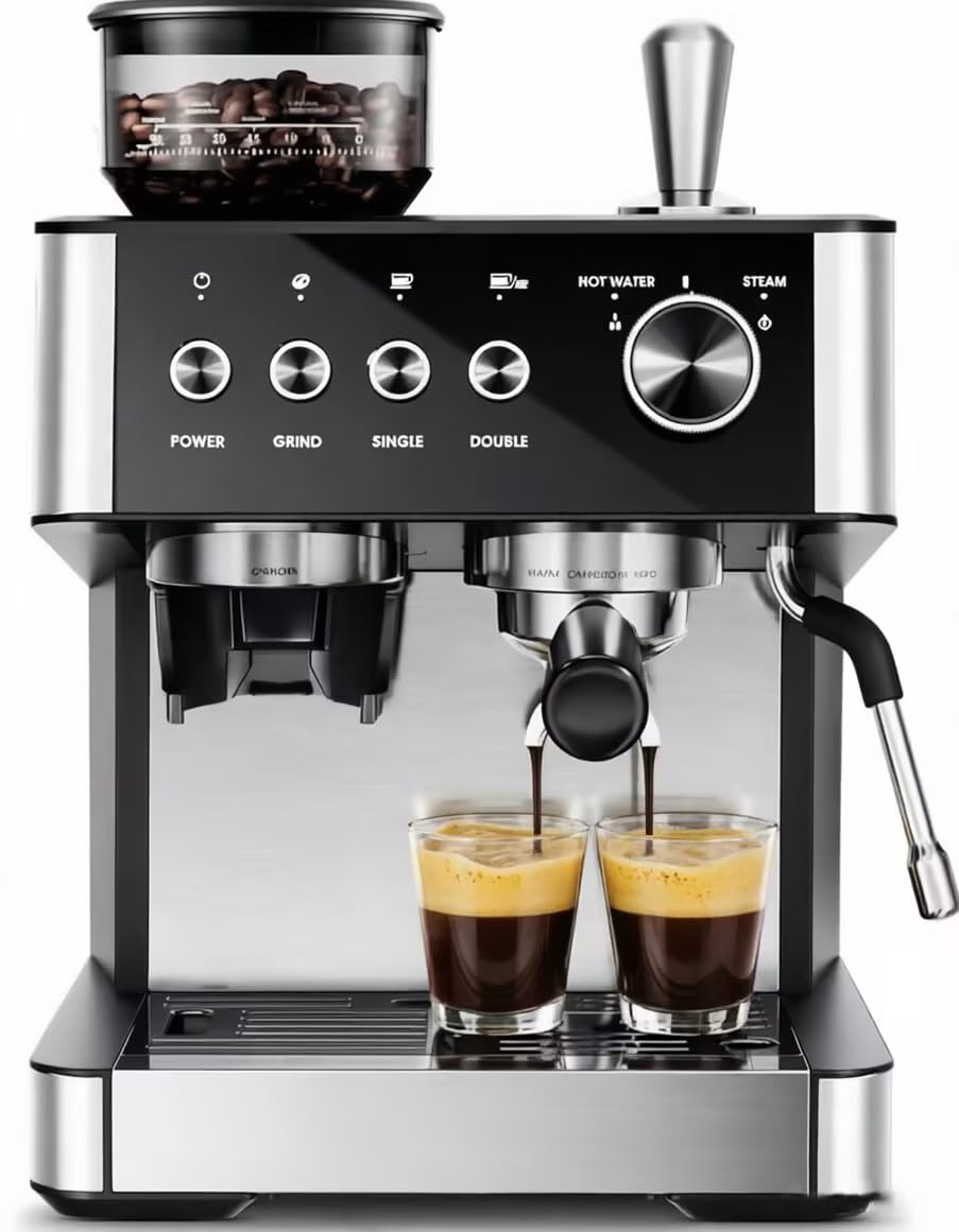 Kismile Espresso Machines with Grinder, 20 Bar Professional Espresso Maker with Removable Water Tank, Hot Water Function,Milk Fr