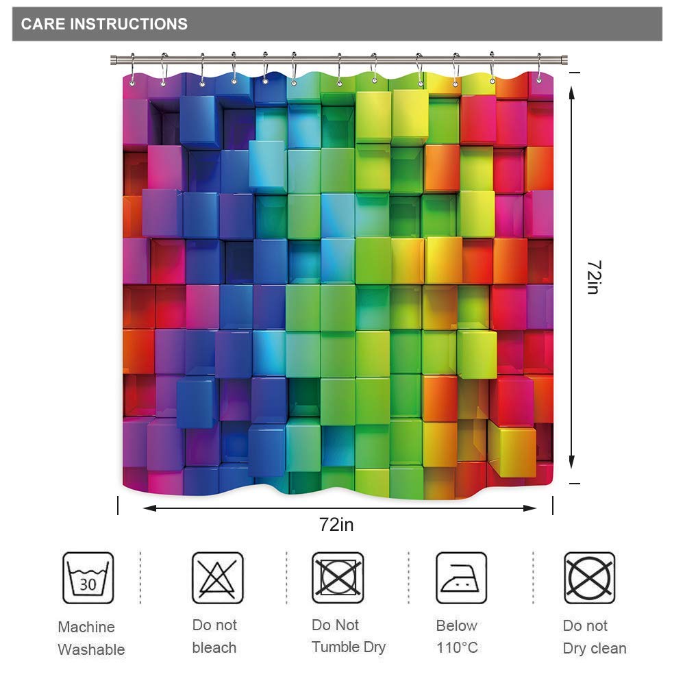 Riyidecor Colorful Rainbow Brick Wall Shower Curtain Bright Geometric Plaid 72Wx72H Inch Abstract Neon 3D Plastic Hooks 12 Pack