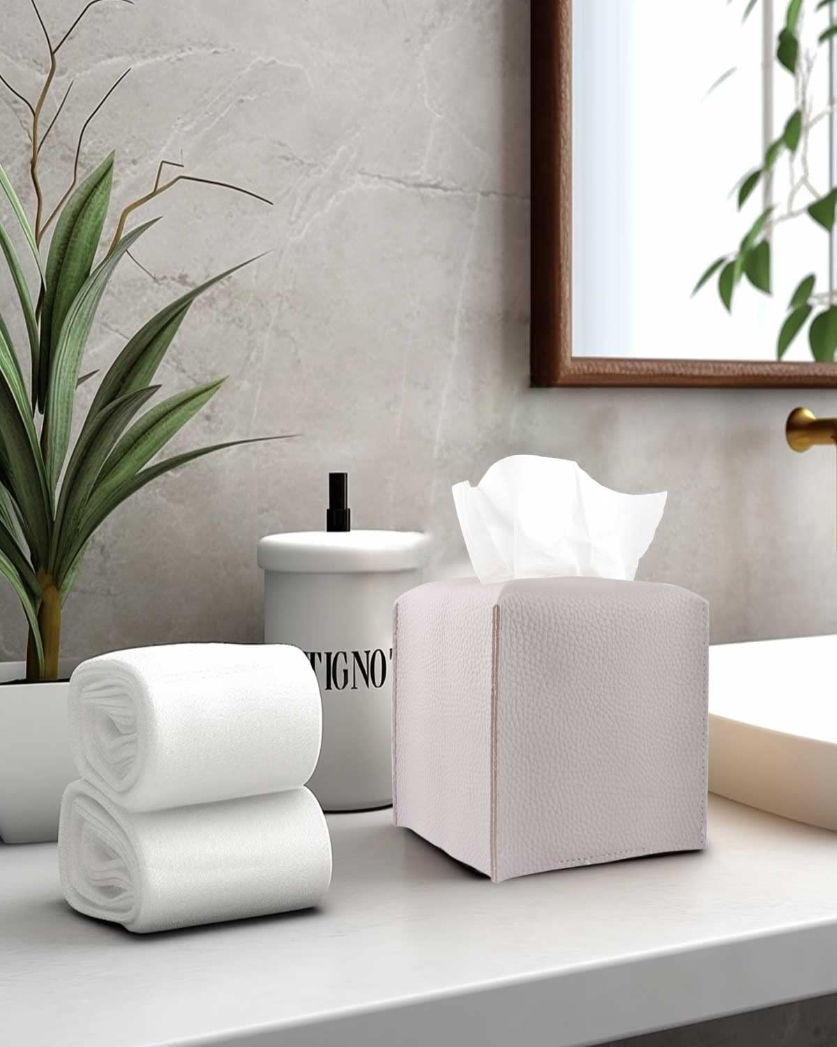 Light Purple Tissue Box Cover Square - With Bottom Belt [Jesmini] Modern Pu Leather Tissue Box Holder Decorative For Bathroom Va