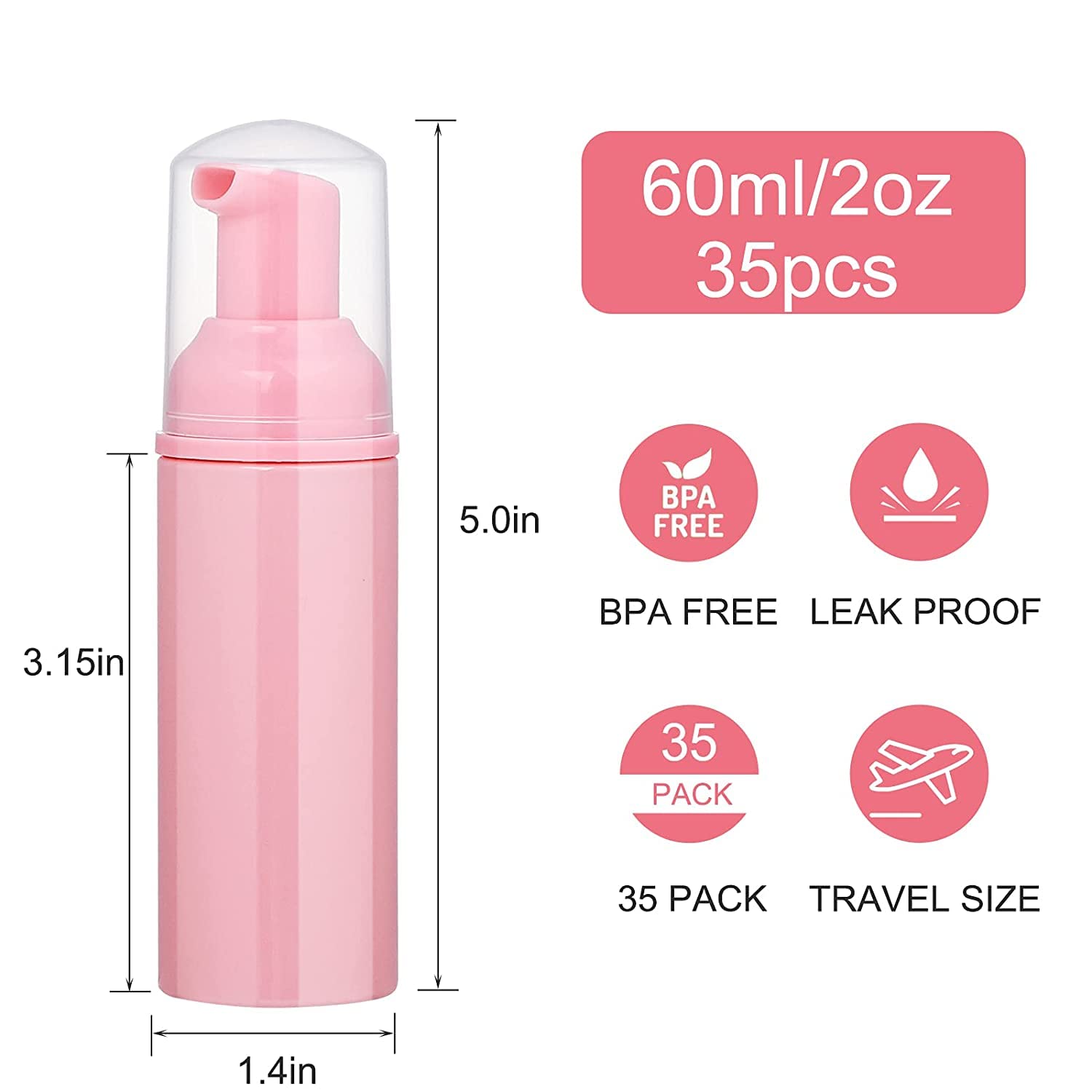 50 Pcs 2Oz/60Ml Foam Pump Bottle Lash Shampoo Bottles Travel Foam Pump Bottle Empty Pink Plastic Refillable Mini Soap Dispenser