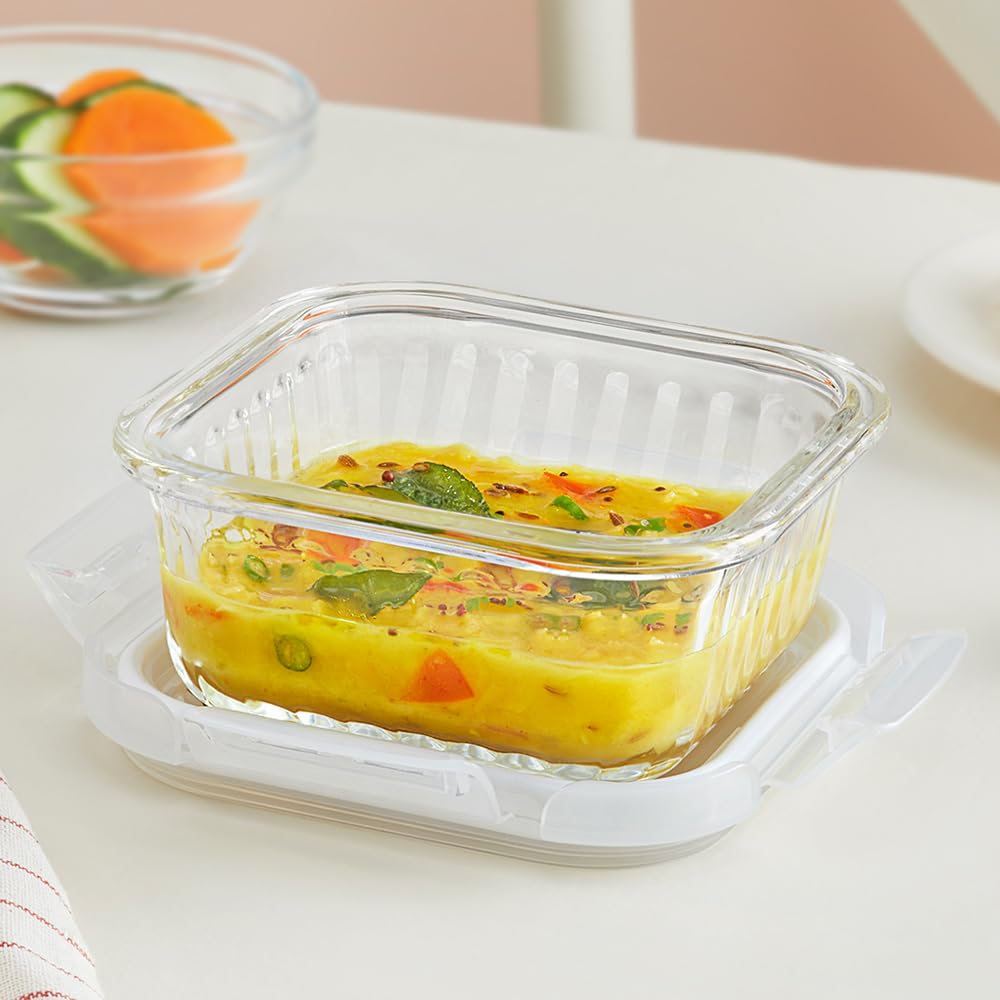 Borosil Klip N Store Square Glass Food Storage Container Set With Air Tight Lid | Borosilicate Glass Container For Lunchbox | Mi