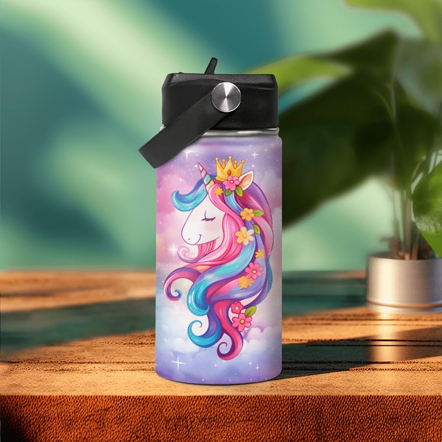 Unicorn Kids Water Bottle Insulated Water Bottles 12Oz With Straw Stainless Steel Travel School Tumbler Double Wall Vacuum Cup F