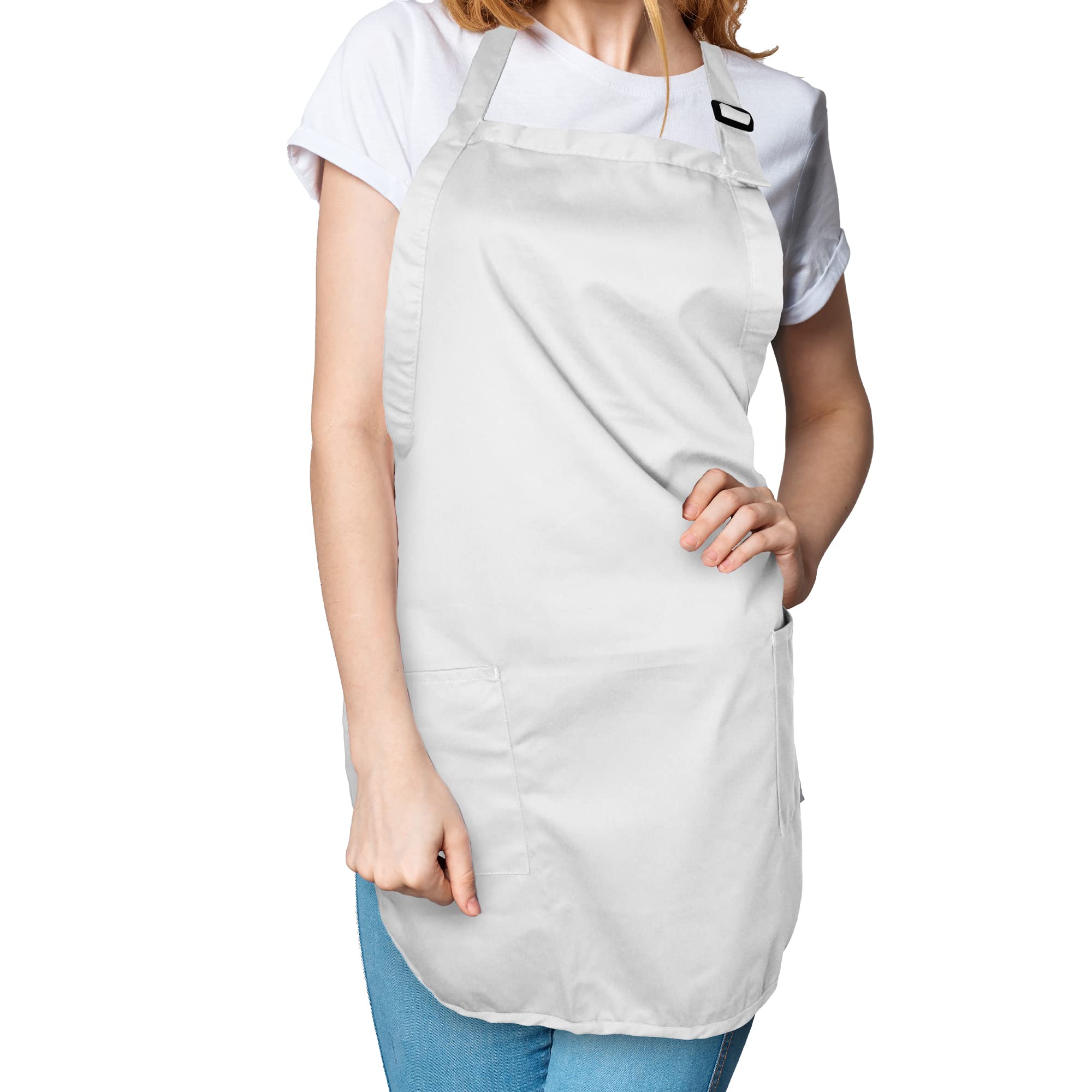 Dalix Apron Commercial Restaurant Home Bib Spun Poly Cotton Kitchen Aprons (2 Pockets) In White 2 Pack
