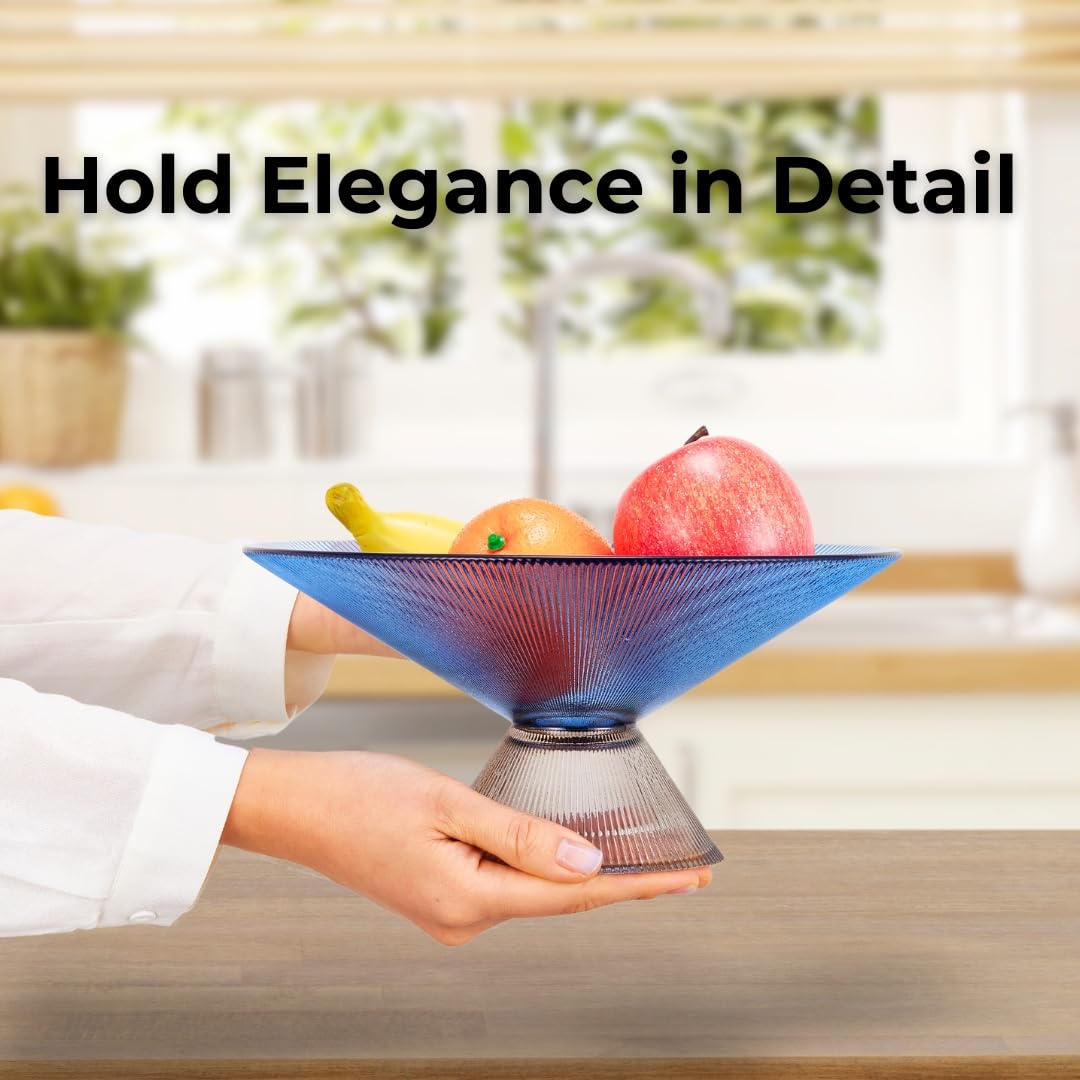 SPRINGBOW Fruit Bowl - 10    Blue Glass Bowl/Decorative Bowl with Ripple Pedestal - Purse bowl, Decorative Bowls for Home D  cor