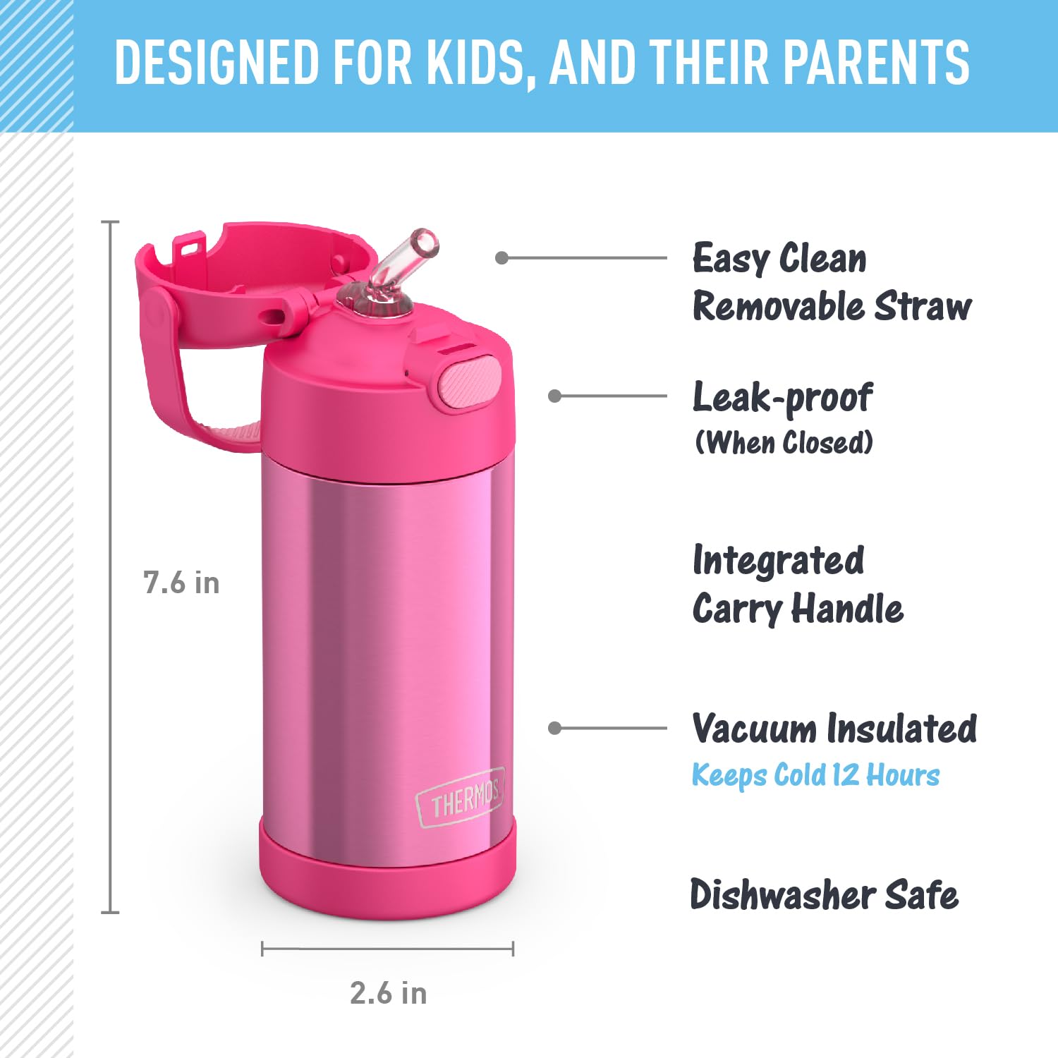 Thermos Funtainer Water Bottle With Straw - 12 Ounce, Pink - Kids Stainless Steel Vacuum Insulated Water Bottle With Lid