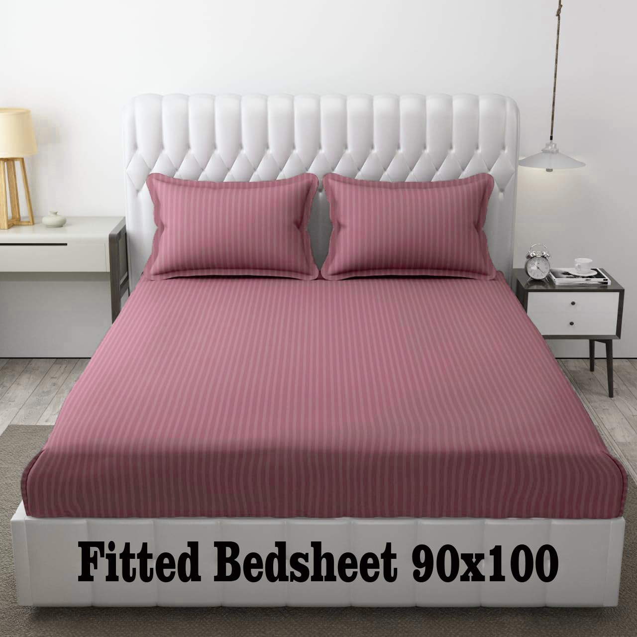 EVAN 300 TC Cotton All Round Elastic Fitted Plain Stripe Bedsheet for Double Bed 90x100 Inch with 2 Pillow Covers (Pink, Queen 6