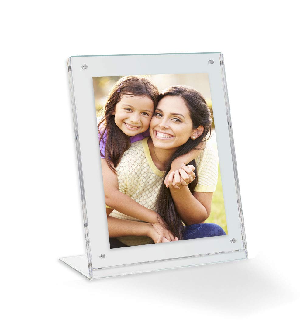5x5 Acrylic Floating Picture Frame - Table Stand with Chrome Magnetic Front Cover to Easily Change Photos - Made in The USA