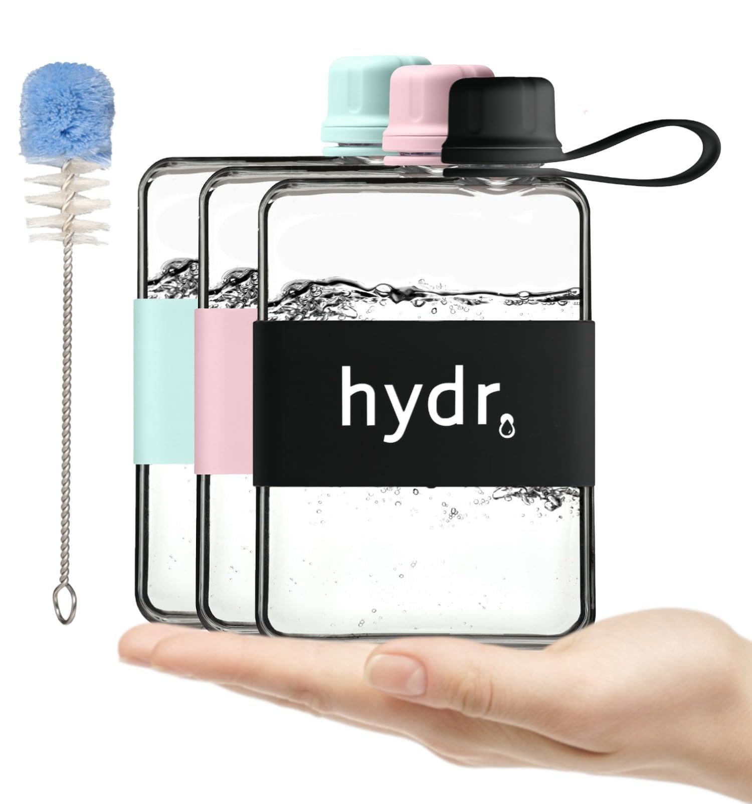 hydr | 17oz Flat Water Bottle For Purse & Flexible Cleaning Brush | Tritan BPA Free Square Water Bottle | Leak/Drop Proof Slim W