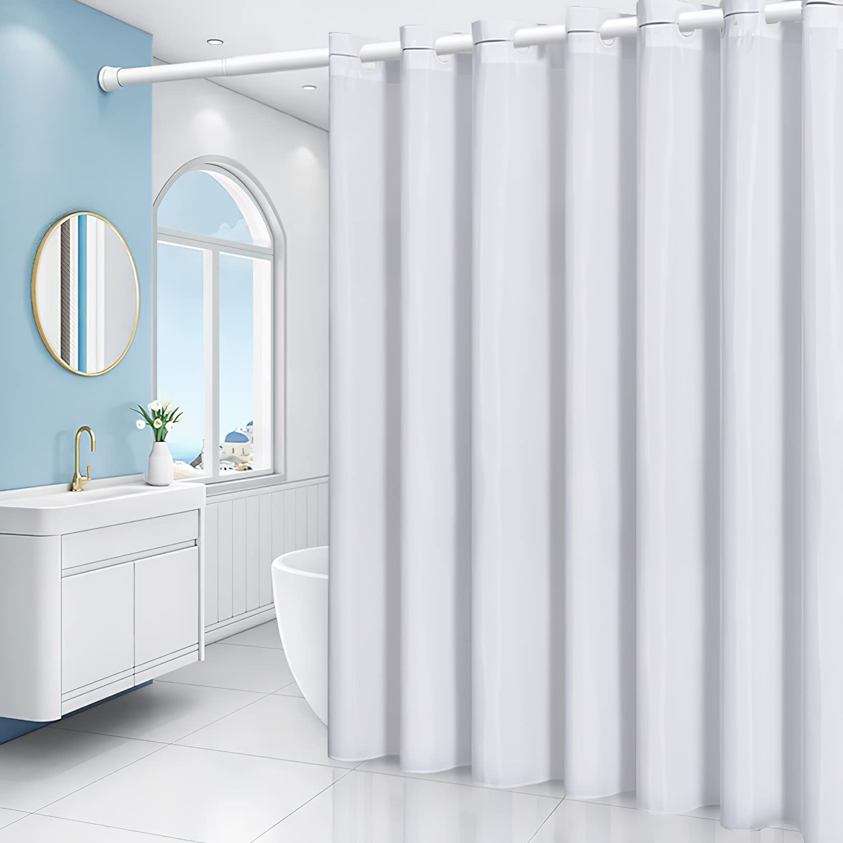 Furlinic No Hook Extra Long Shower Curtain 84 Length Polyester Fabric Bathroom Curtains with 10 Plastic Split Grommets Modern Hotel Style Waterproof White Shower Curtains 72x84.