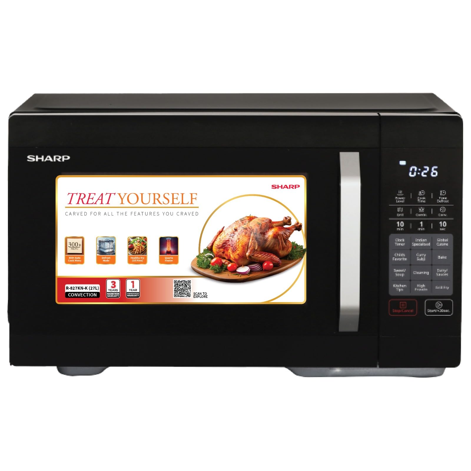 Sharp 27L Convection Microwave Oven (R827Knk, Black, Healthy Fry With Zero Oil, Stainless Steel Cavity, Vapour Clean)