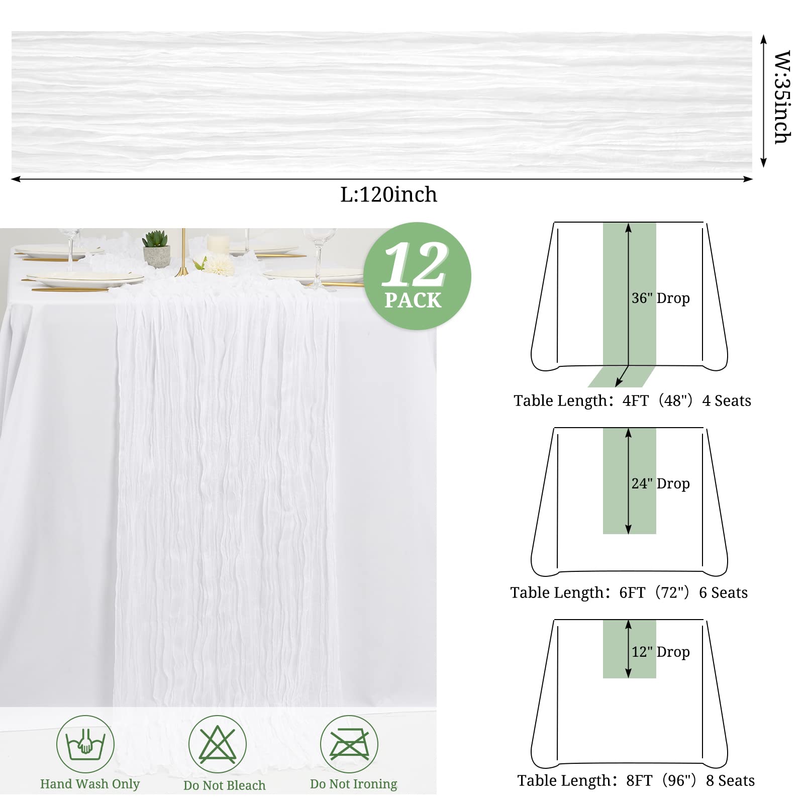 12 Pack Cheesecloth Table Runner 35X120 Inch 10Ft White Gauze Cheese Cloth Table Runner, Boho Rustic Wedding Table Runner For We