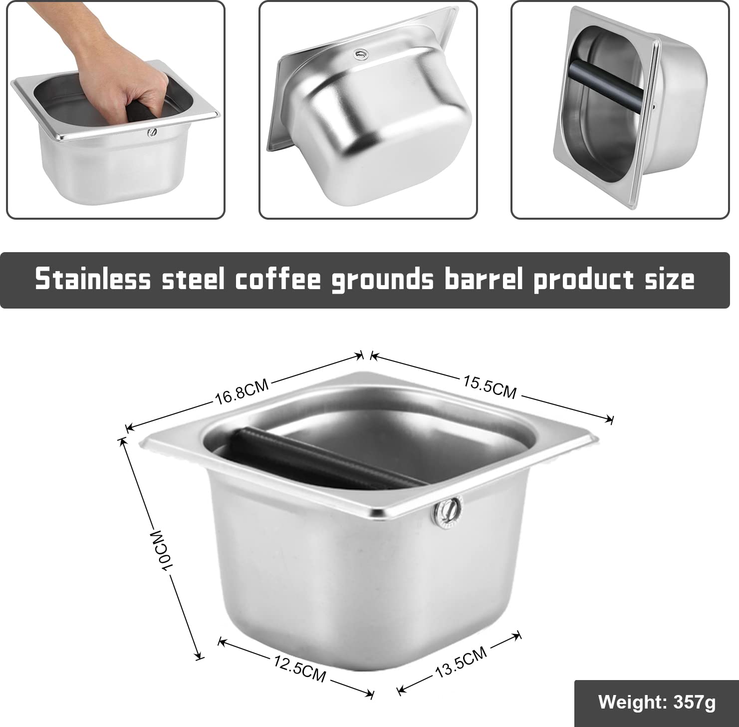 Lmip Coffee Knock Box Stainless Steel, Stainless Steel Coffee Grounds Container Residue Trash Can,Easy-To-Clean Coffee Knock Box