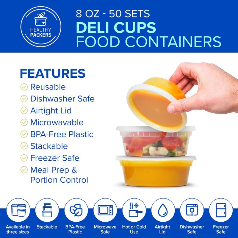 8 Oz Plastic Containers With Lids (50 Sets) - Food Storage Containers Great For Slime, Party Supplies, Meal Prep And Portion Con