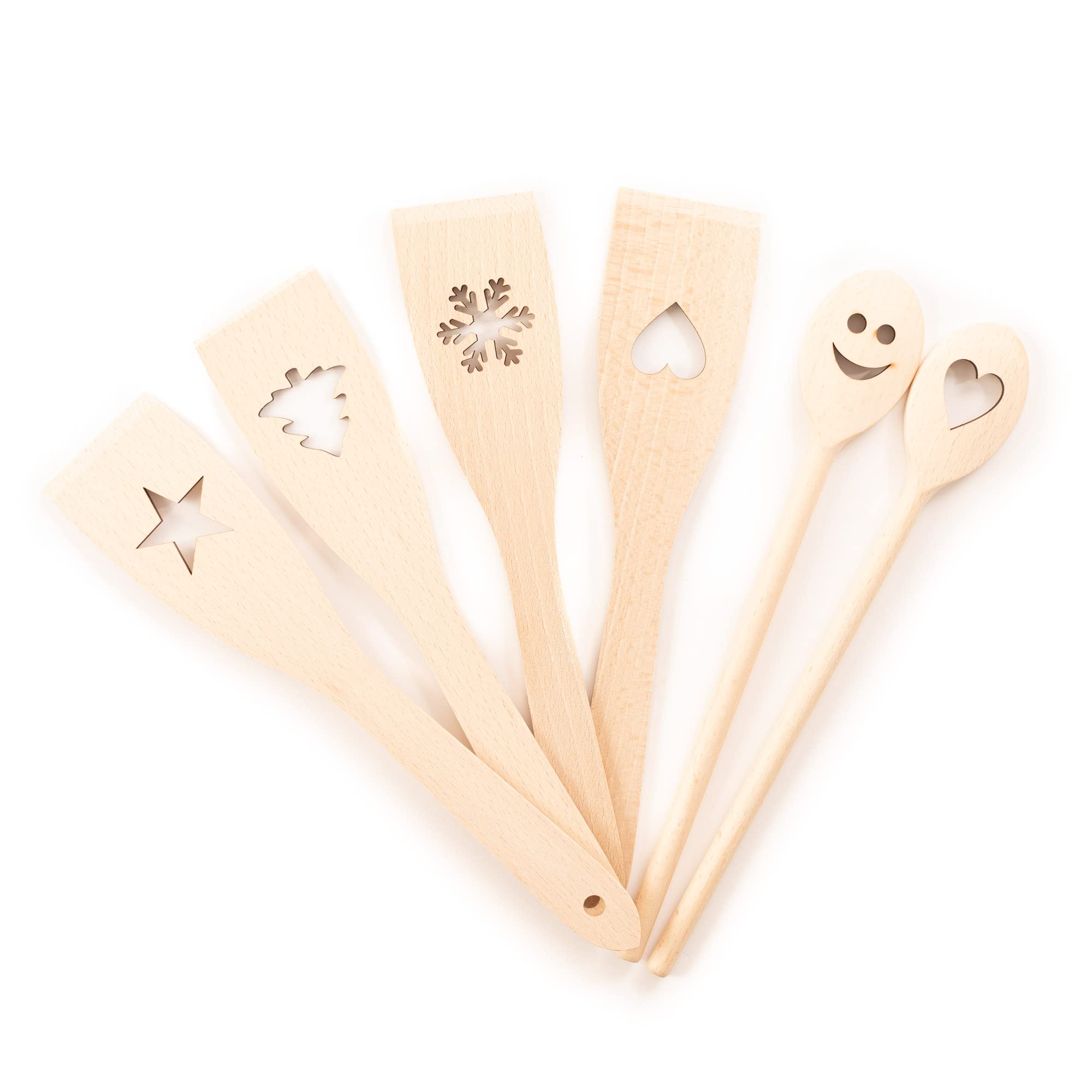 Tuuli Kitchen - 6-Piece Wooden Cooking Utensils Set, Specially Designed Solid Beechwood Wooden Spoons And Wood Spatula With Moti