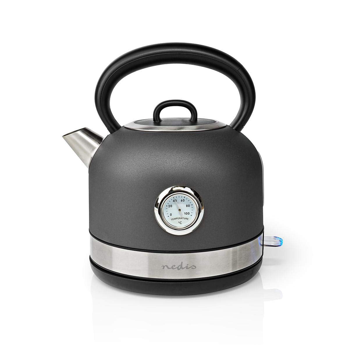 Nedis 1.7L Stainless Steel Electric Kettle With Temperature Gauge, 2150W Fast Boil, Anti-Scale Filter, Cordless 360 Base, Soft-T